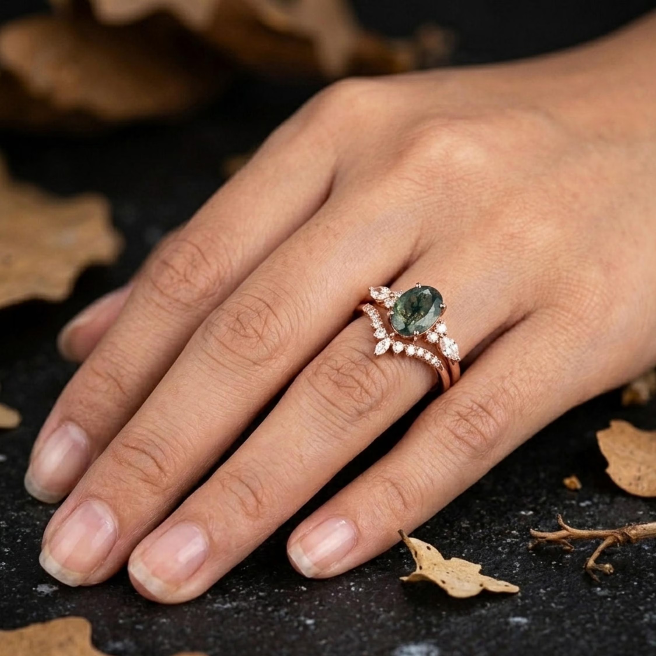 Vintage Oval Cut Green Moss Agate Engagement Ring 14k Rose Gold Art Deco Cluster Moissanite Anniversary Wedding Ring Set Bridal Jewelry Set