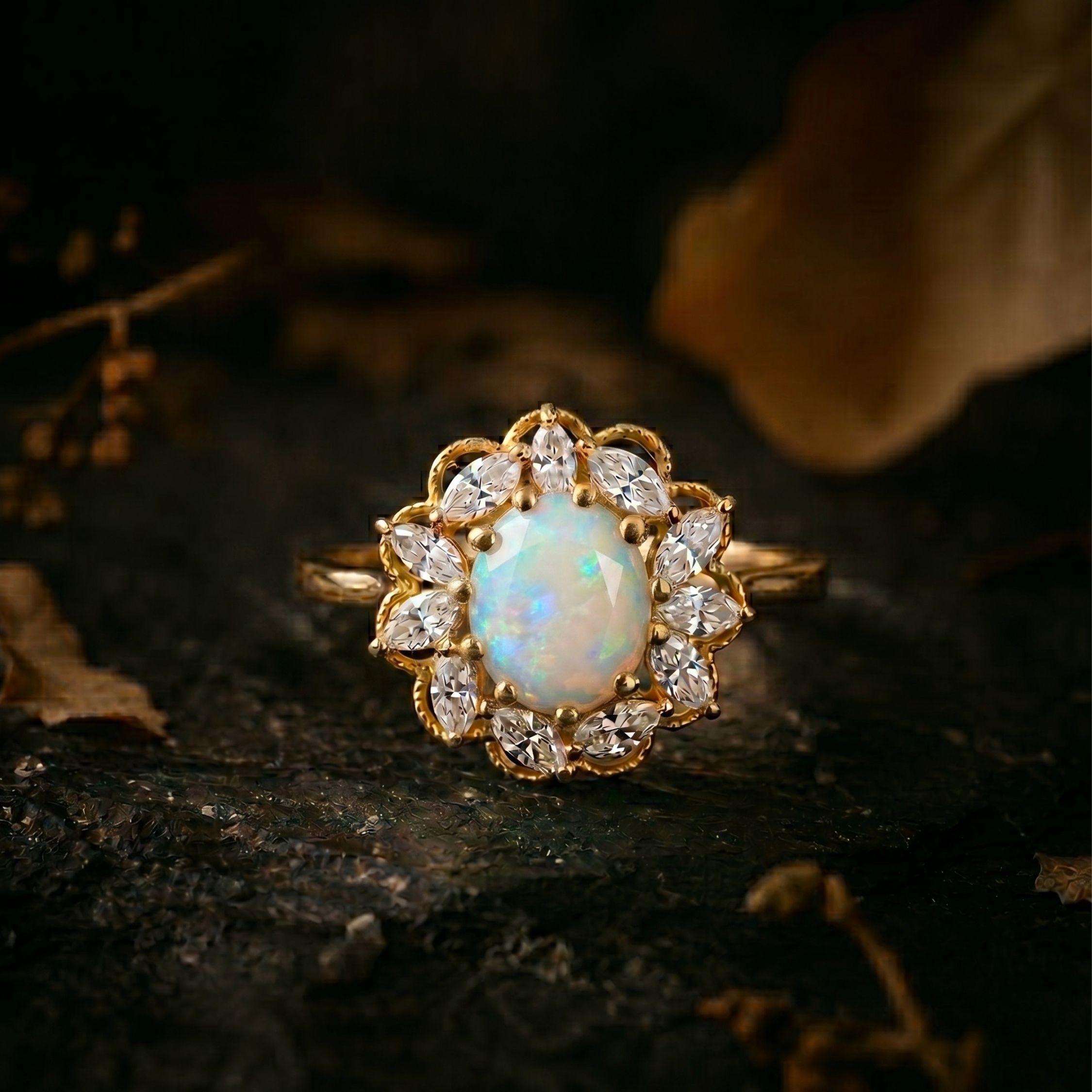 Unique Marquise Cut Flower Moissanite Engagement Ring, 14k White Opal Floral Promising Jewelry for Women, Oval Opal Anniversary Gift For Her