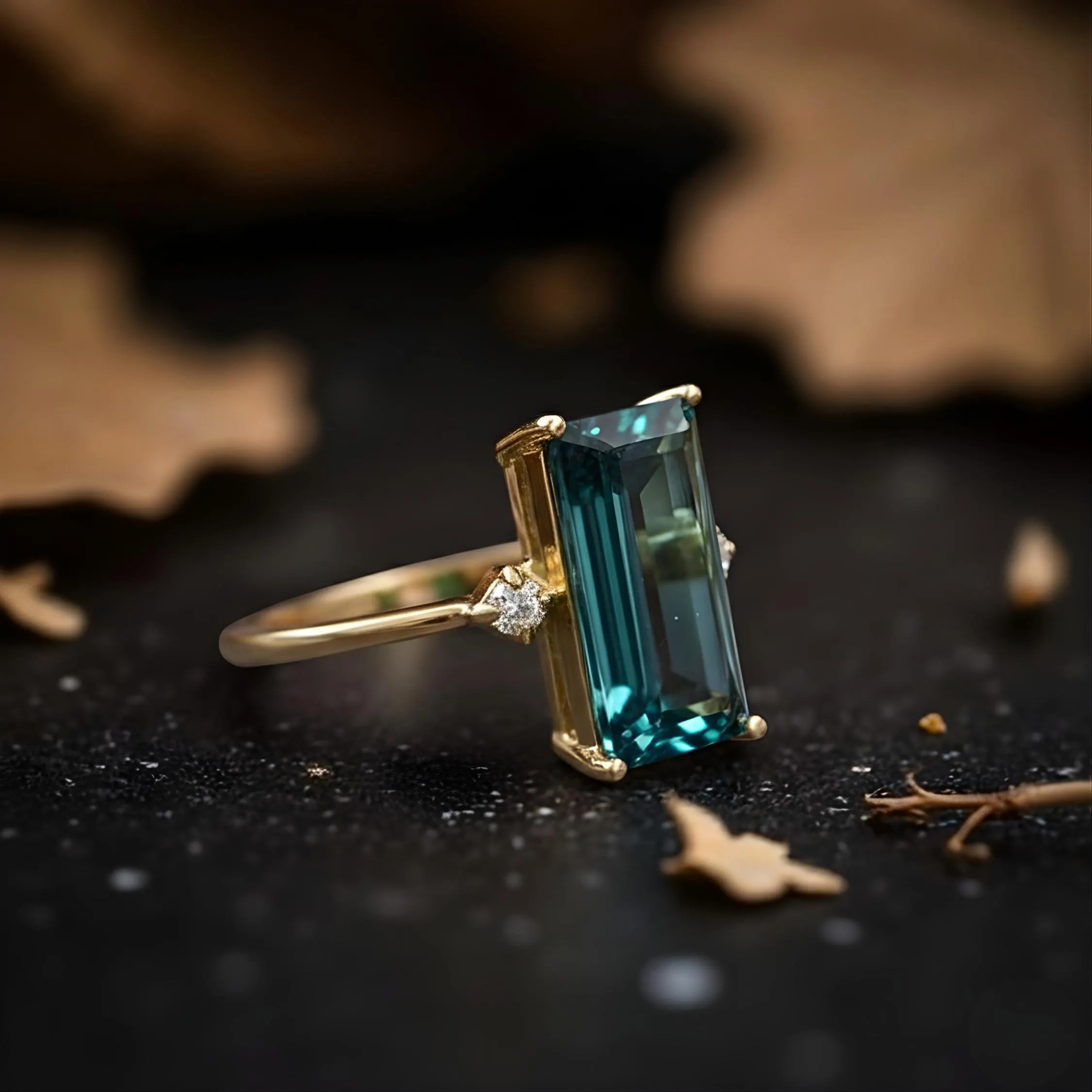 Unique Baguette Cut Tourmaline Engagement Ring, Green Tourmaline Minimalist Split Band Ring, Bridal Jewelry,Long Tourmaline Anniversary Ring