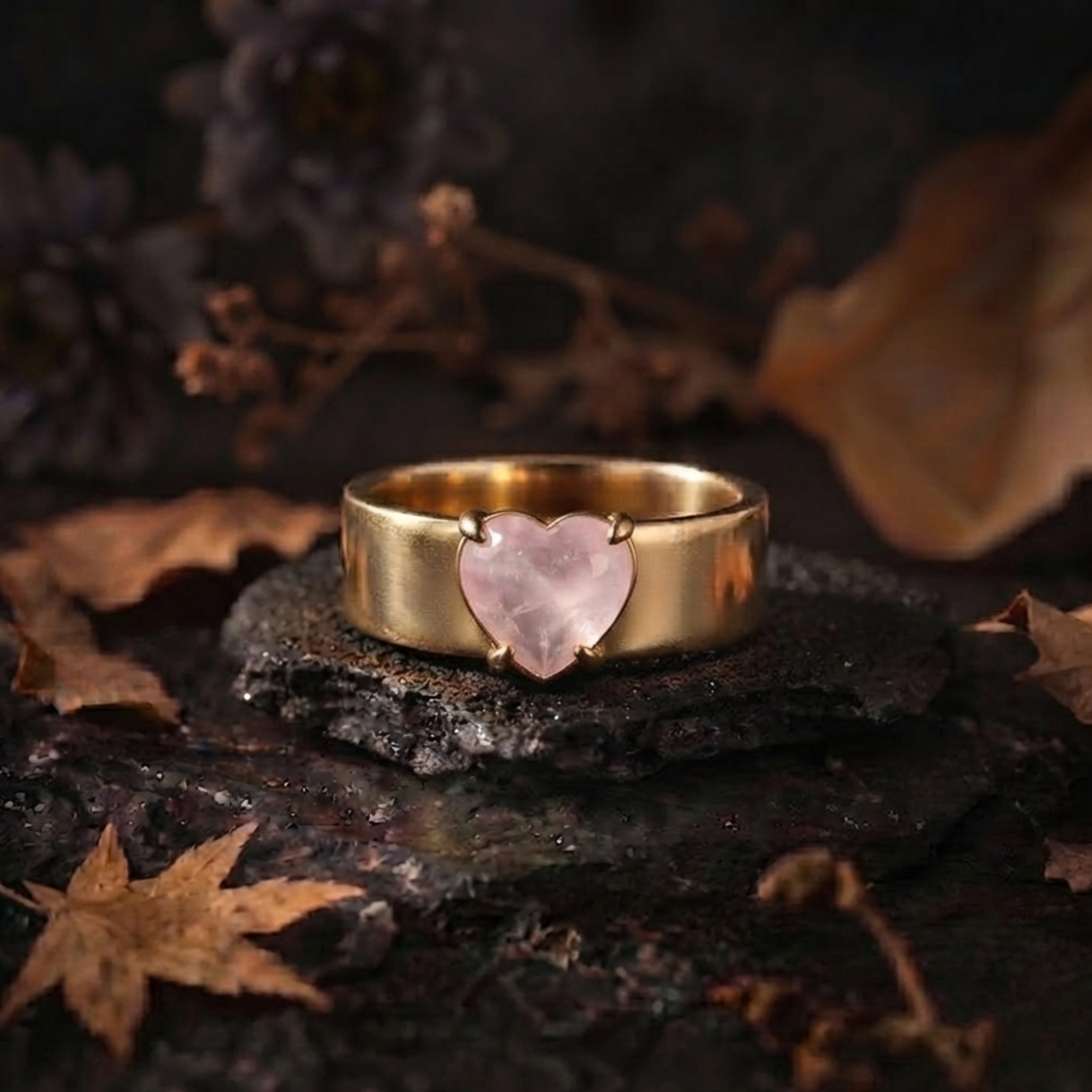 Unique Heart Shape Rose Quartz Engagement Ring/ 14k Yellow Gold Rose Quartz Crystal Boho Wide Band Jewelry/Anniversary Birthday Gift for Her