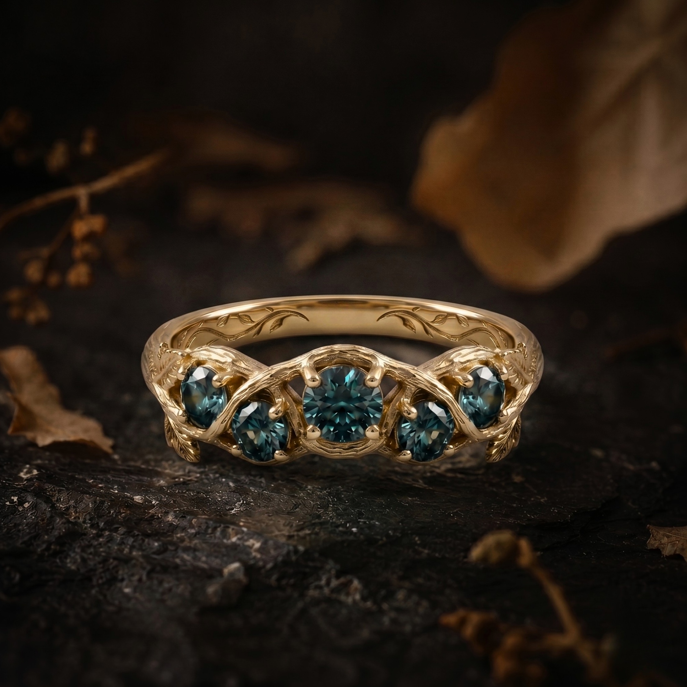 Unique Round Cut Teal Montana Sapphire Engagement Ring, September Birthstone Nature Inspired Leaf Ring, Anniversary Birthday Gift For Women