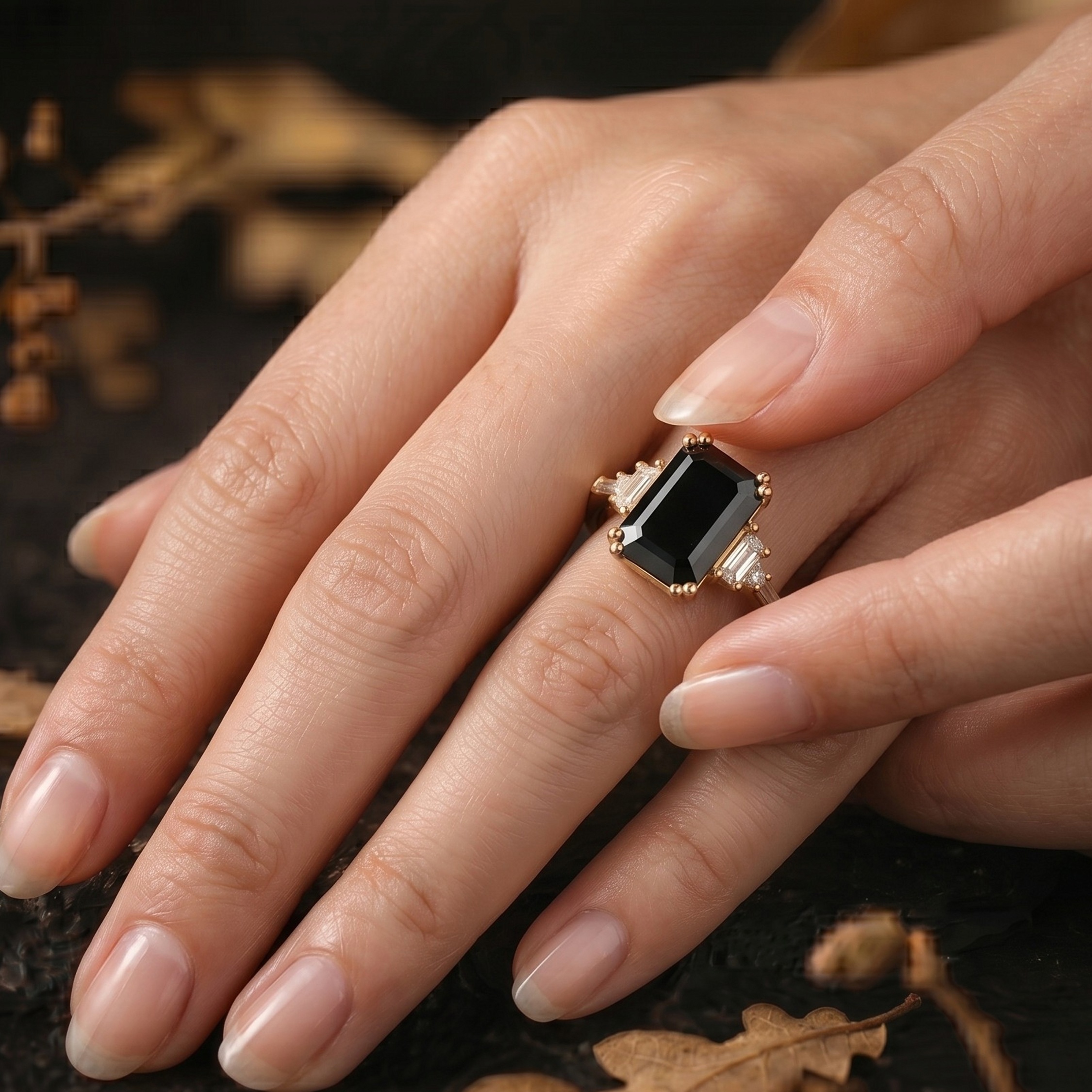 Genuine Emerald Cut Onyx Moissanite Ring, 14K December Birthstone Jewelry, Black Gemstone Engagement Ring, Anniversary Birthday gift for her
