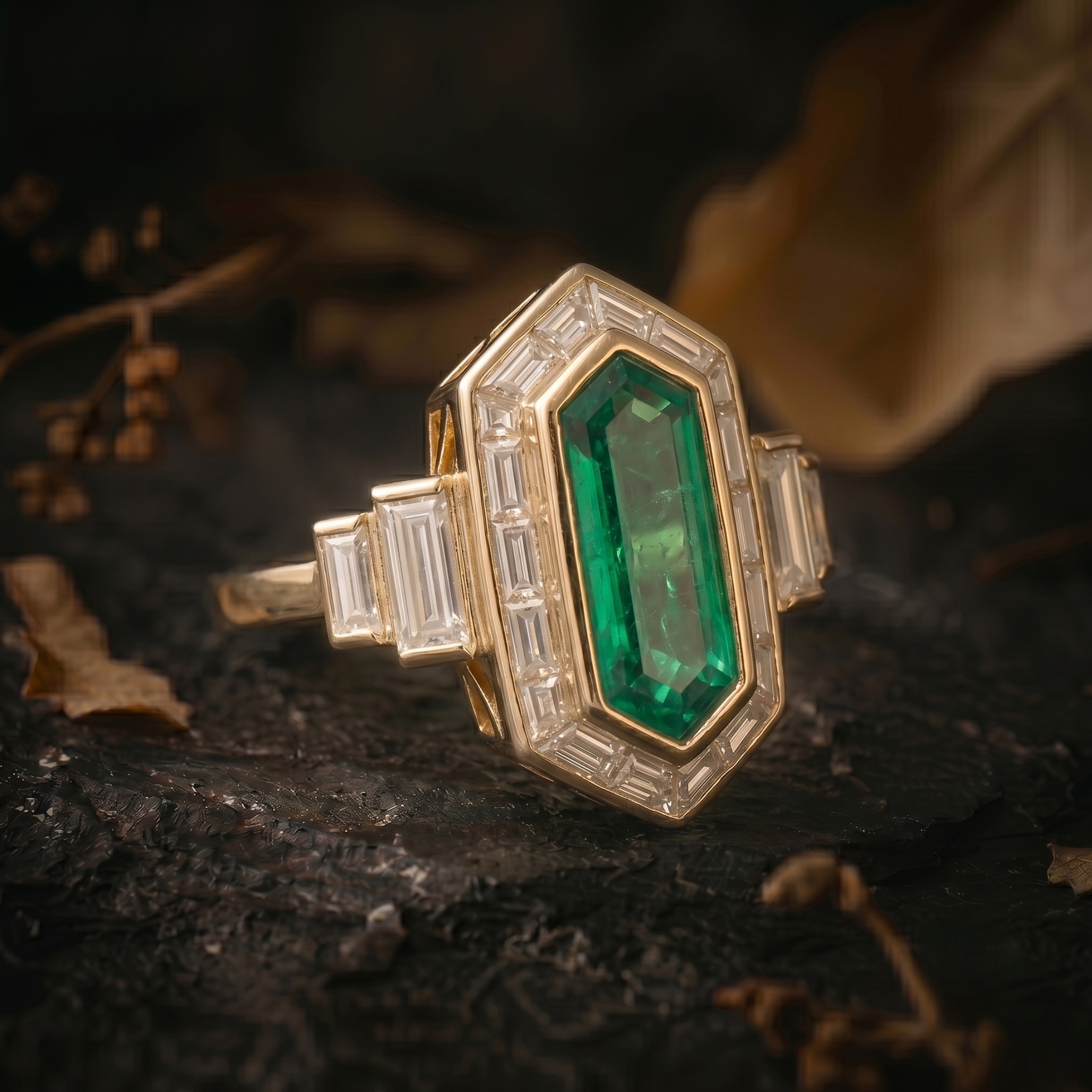 Vintage Long Hexagon Cut Green Emerald Ring, Art Deco Baguette Moissanite Engagement Ring, Promise Wedding Jewelry For Her, Anniversary Gift