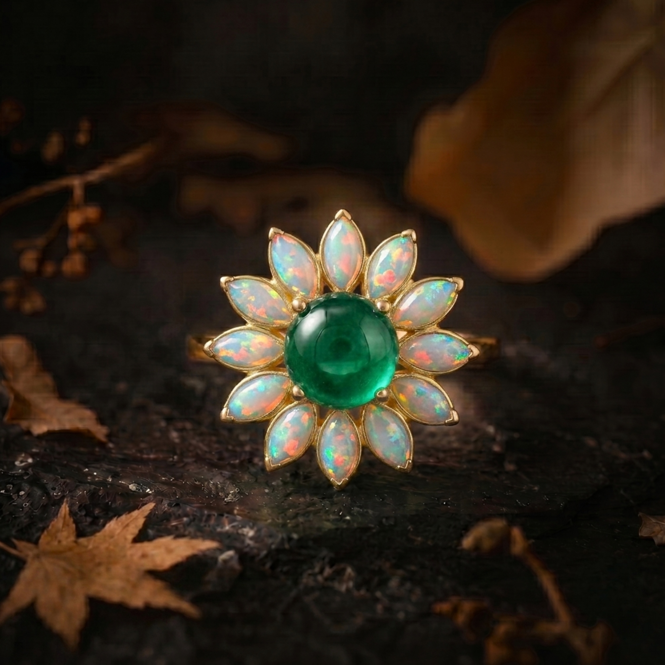 Vintage Garnet Opal Wedding Ring, Nature Inspired Floral Cluster Ring for Her October Birthstone Gift, 14K Gold Emerald Jewelry Gift For Her