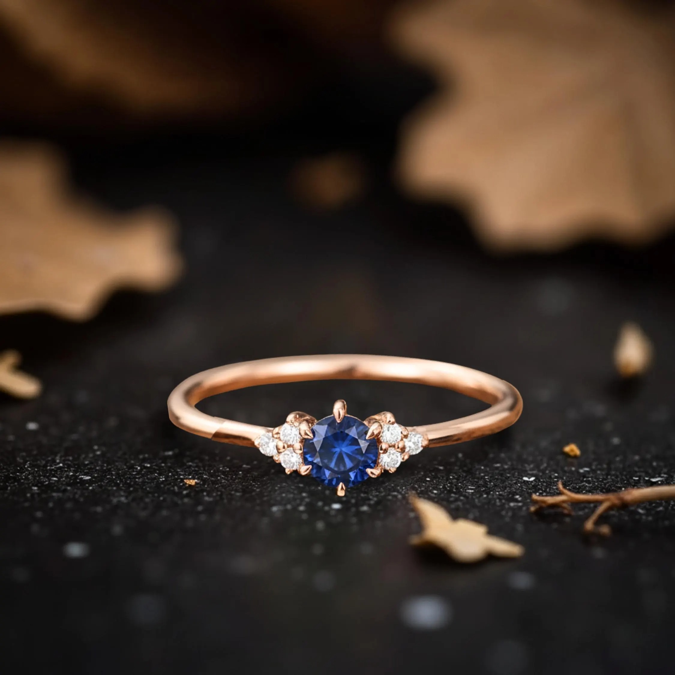 14k Rose Gold Sapphire Engagement Ring, Dainty Blue Gemstone with Moissanite Minimalist Anniversary Gift for Women, September Birthstone