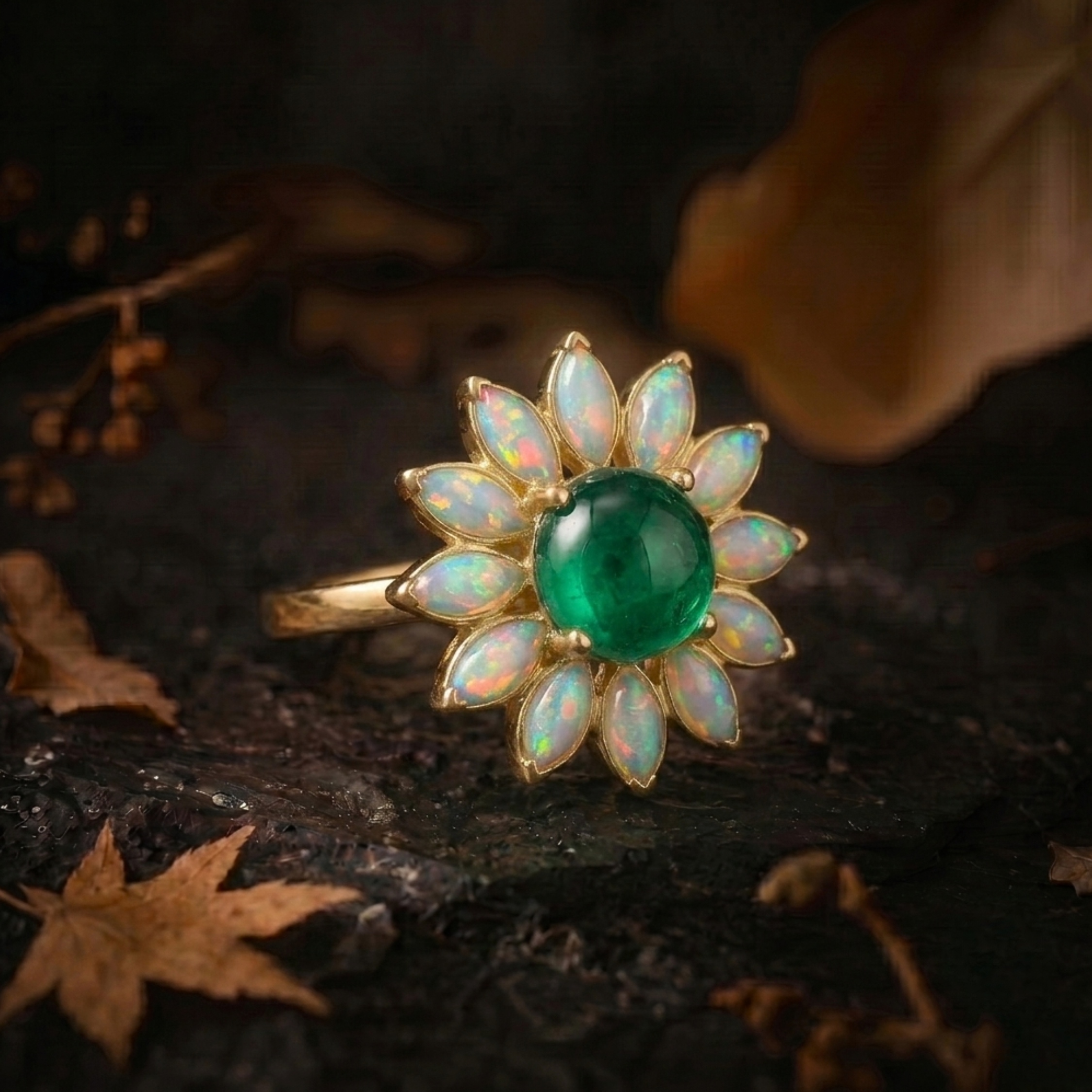 Vintage Garnet Opal Wedding Ring, Nature Inspired Floral Cluster Ring for Her October Birthstone Gift, 14K Gold Emerald Jewelry Gift For Her
