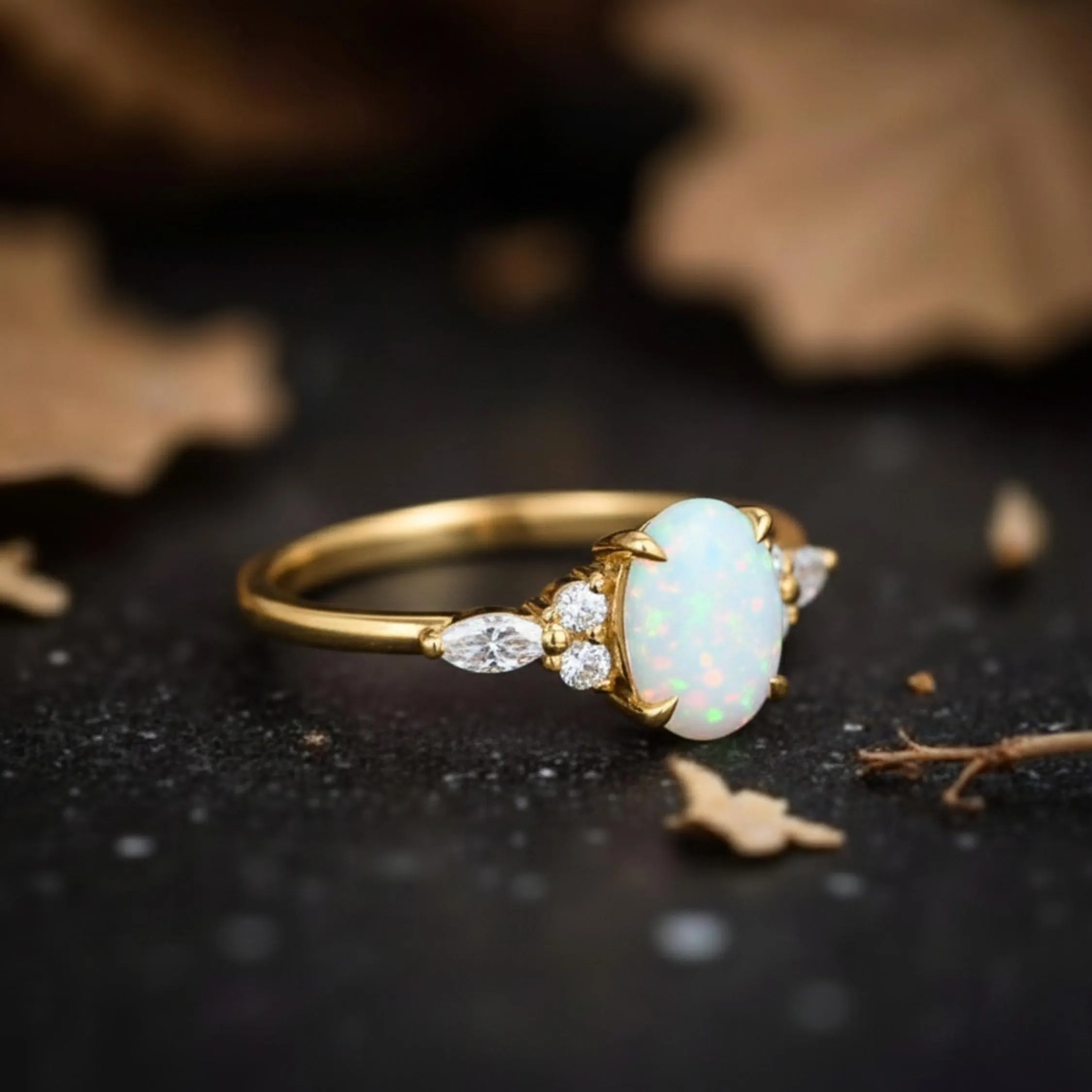 Vintage Oval Opal Engagement Ring, 14K gold Moissanite Wedding Ring, Marquise Cut Diamond Unique Twisted Ring Anniversary Gift Promise Ring