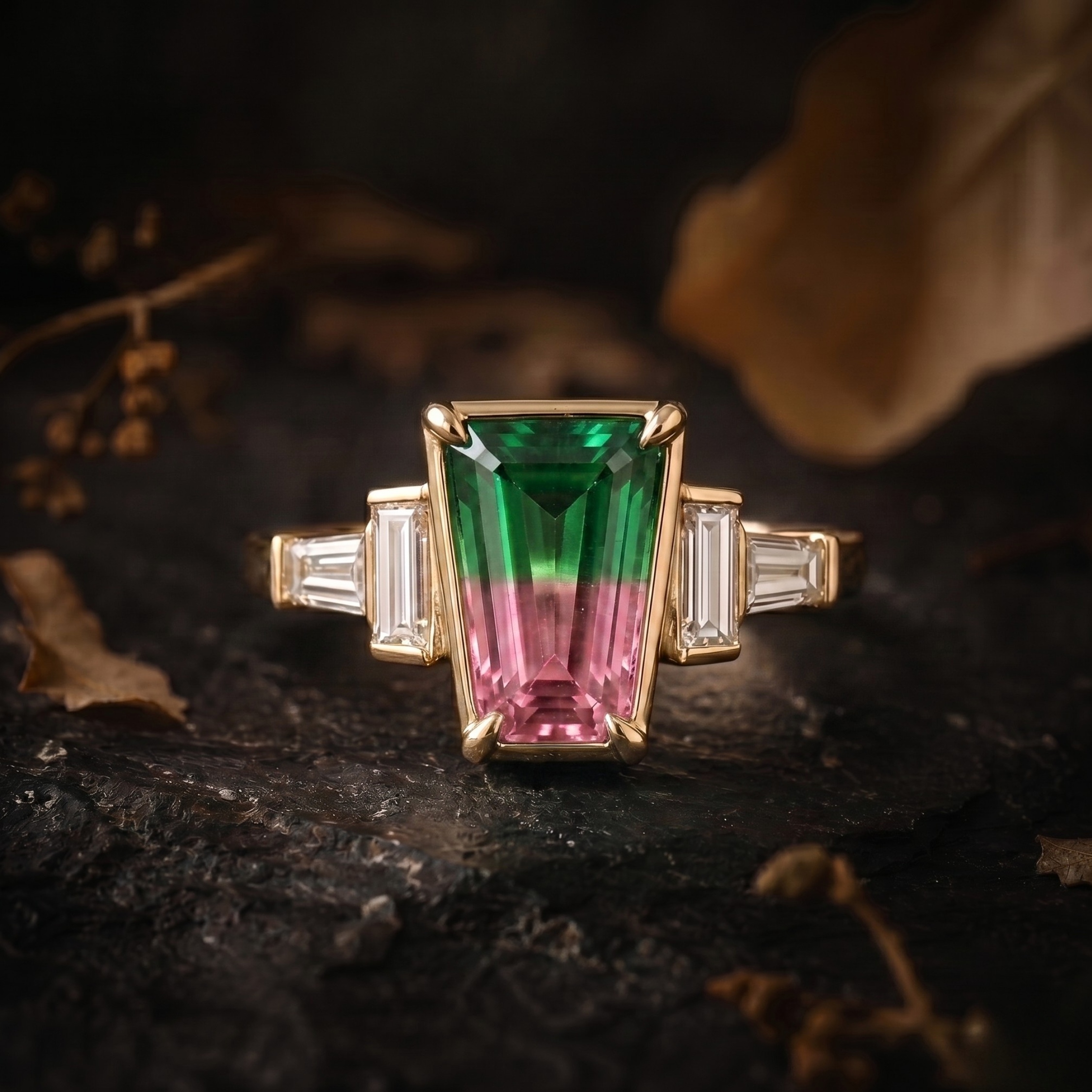 Vintage Watermelon Tourmaline Ring, Five Stone Engagement Ring, Pink & Green Gemstone Ring, Baguette Cut Moissanite Anniversary Bridal Gift