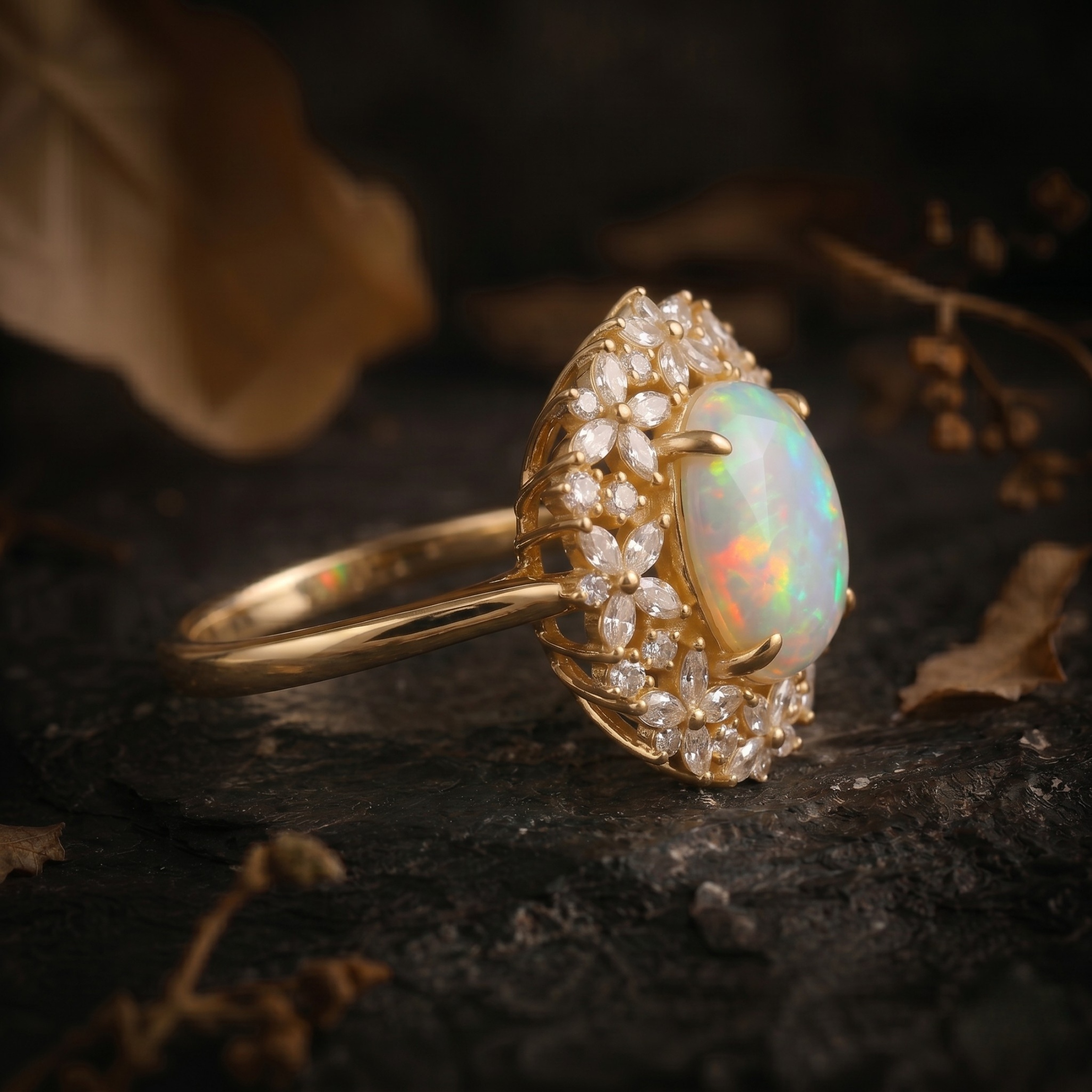 Unique Marquise Cut Flower Moissanite Engagement Ring, 14k Gold Blue Moonstone Floral Twist Promise Ring for Women Oval Nature Inspired Ring
