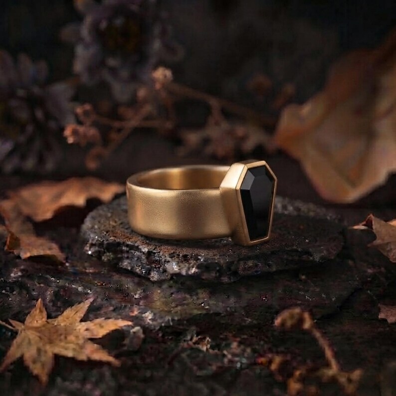 Vintage Art Deco Coffin Cut Black Onyx Engagement Ring, Unique Promise Statement Wedding Jewelry, Black Gemstone Wide Band Anniversary Gift