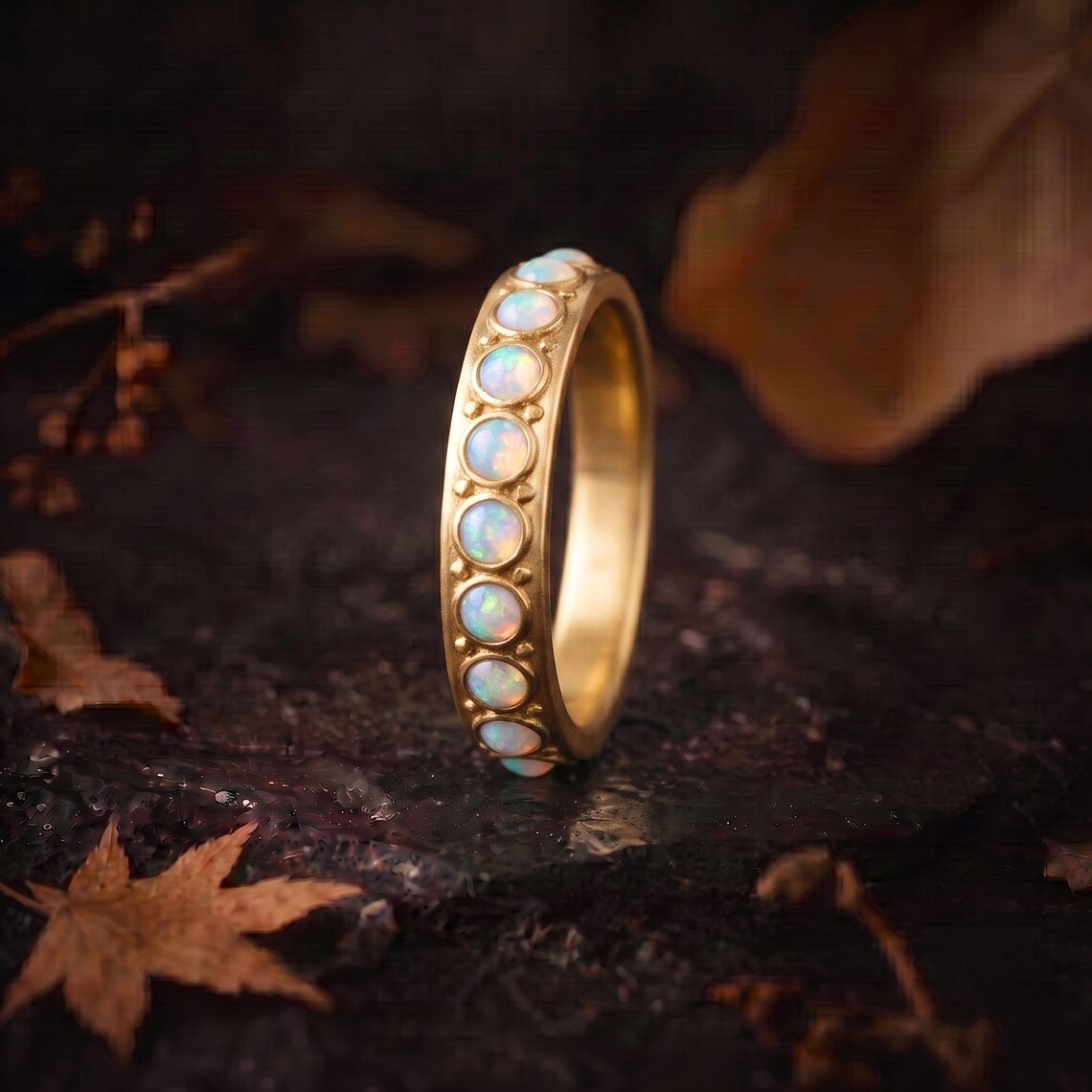 Vintage White Opal Band, Round Opal Wedding Band, 14k Gold Eternity Round Opal Ring, Dainty October Birthstone Ring, Matching Band Ring Gift