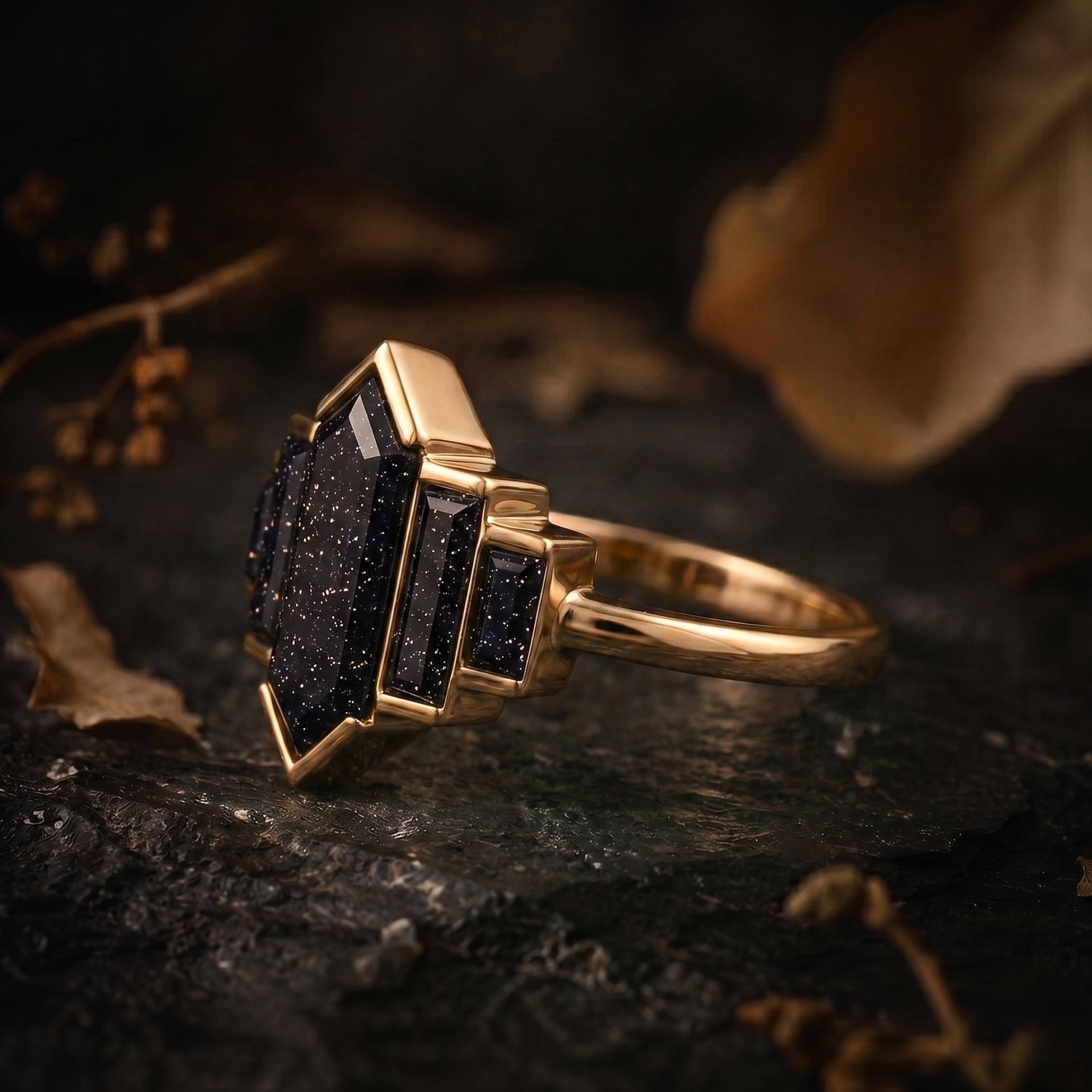 Vintage Hexagon Cut Blue Galaxy Sandstone Ring, Women’s Nebula Engagement Ring, Baguette Cut Galaxy Wedding Promise Ring, Anniversary Gift