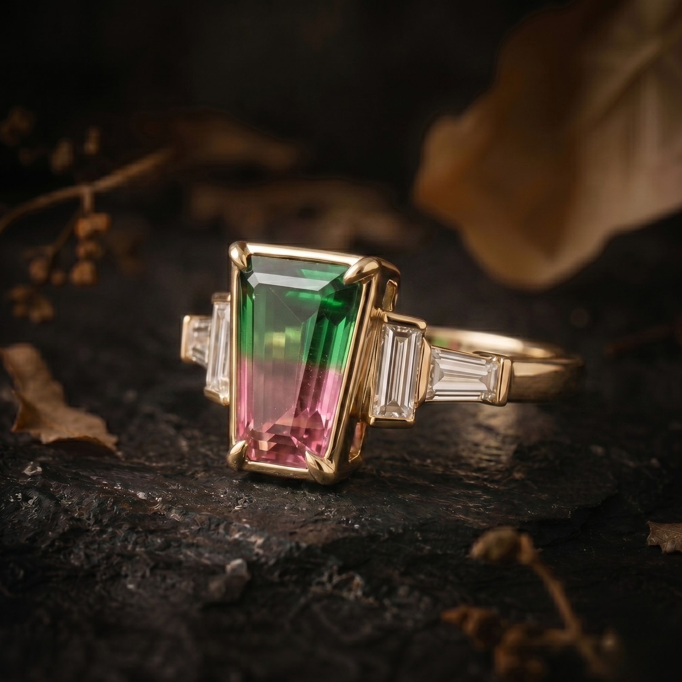 Vintage Watermelon Tourmaline Ring, Five Stone Engagement Ring, Pink & Green Gemstone Ring, Baguette Cut Moissanite Anniversary Bridal Gift