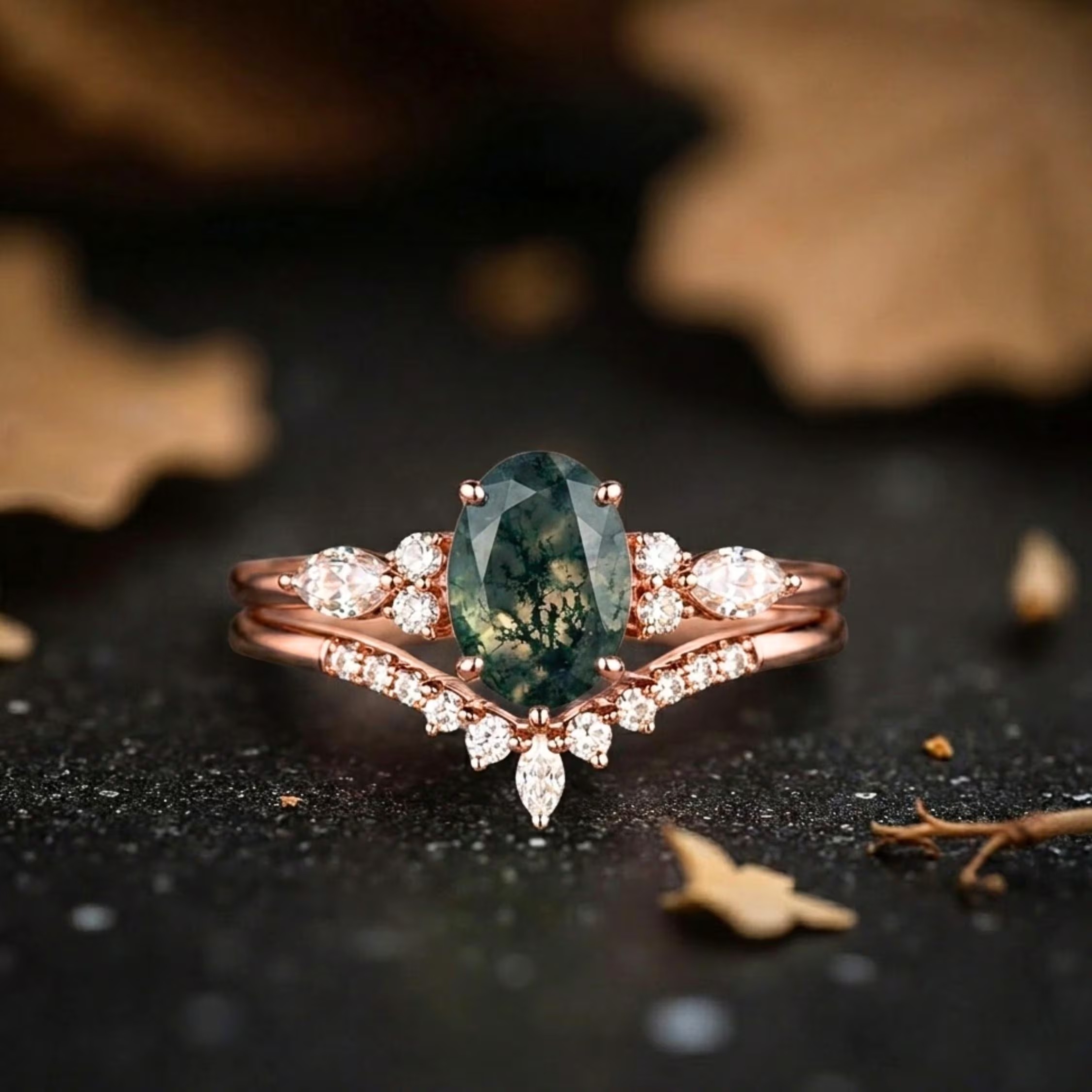Vintage Oval Cut Green Moss Agate Engagement Ring 14k Rose Gold Art Deco Cluster Moissanite Anniversary Wedding Ring Set Bridal Jewelry Set