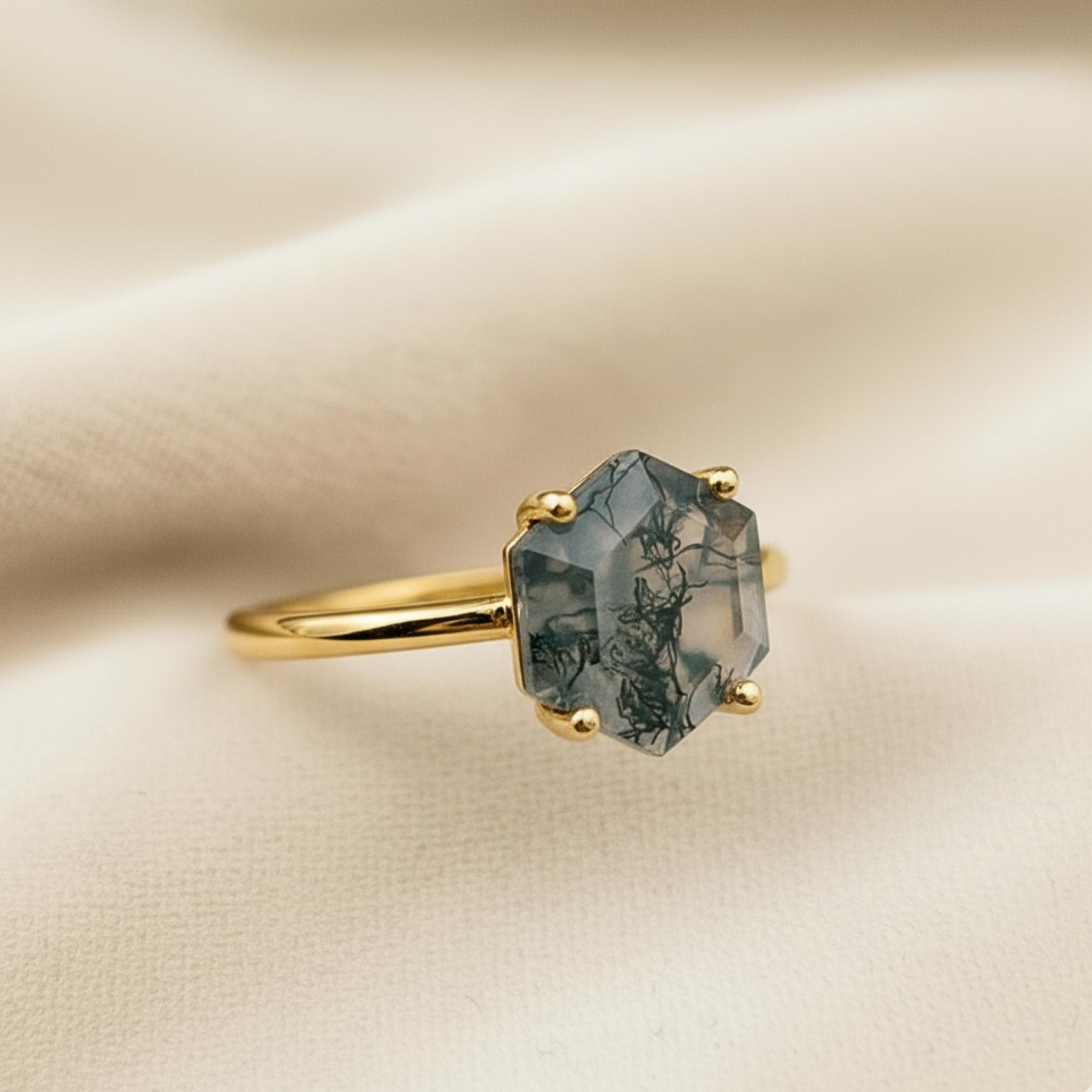 Hexagon Moss Agate Ring, 14k Gold Engagement Ring, Green Gemstone Ring Vintage Promise Ring, Art Deco Dainty Solitaire Ring Anniversary Gift