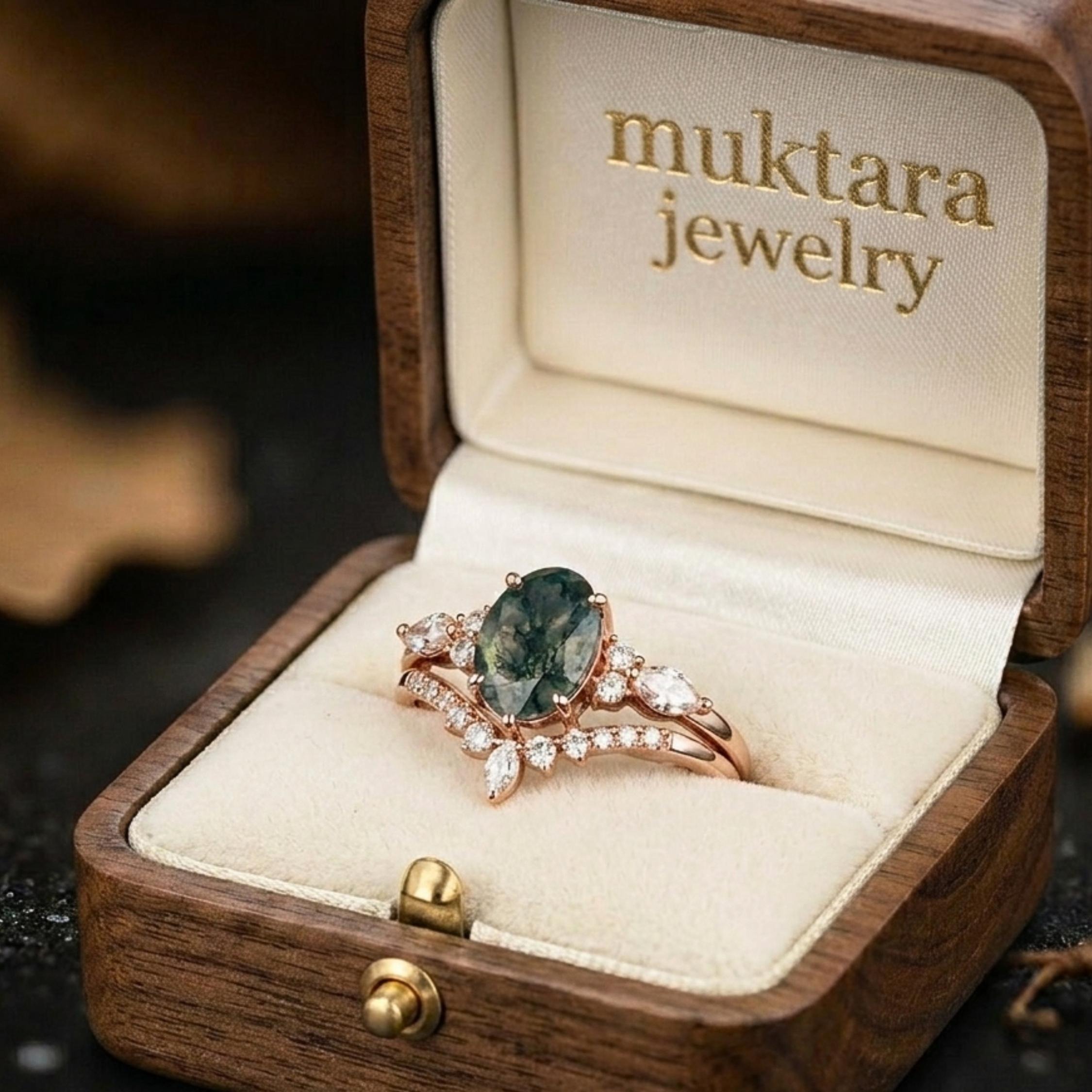 Vintage Oval Cut Green Moss Agate Engagement Ring 14k Rose Gold Art Deco Cluster Moissanite Anniversary Wedding Ring Set Bridal Jewelry Set