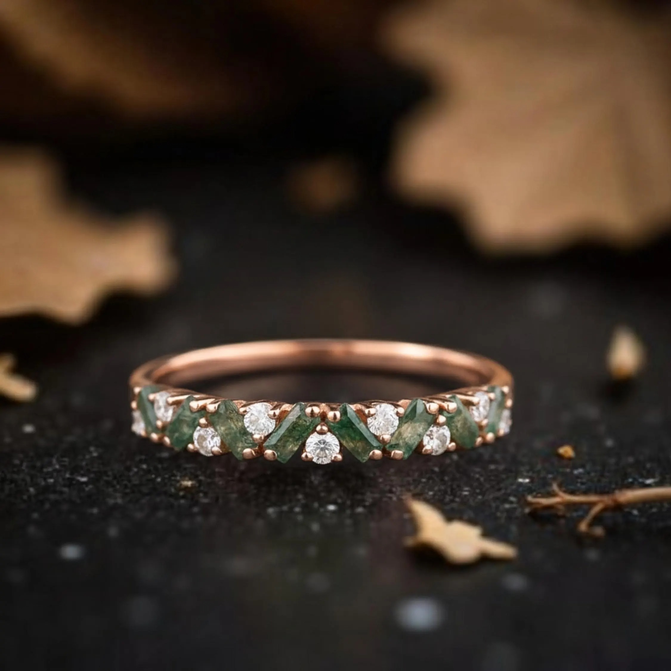 Unique Moss Agate Ring Moss agate Wedding Band Art Deco Eternity Band Moss Agate Matching Rings Personalized Gift For Her Anniversary Gift