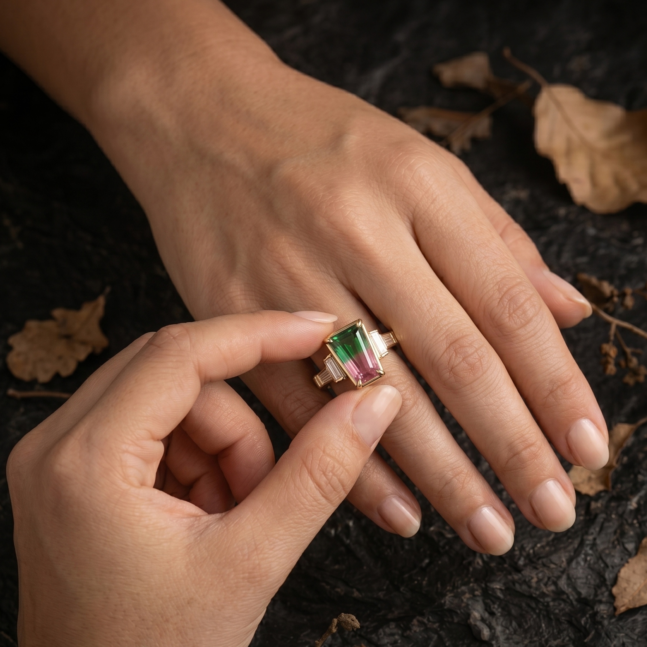 Vintage Watermelon Tourmaline Ring, Five Stone Engagement Ring, Pink & Green Gemstone Ring, Baguette Cut Moissanite Anniversary Bridal Gift