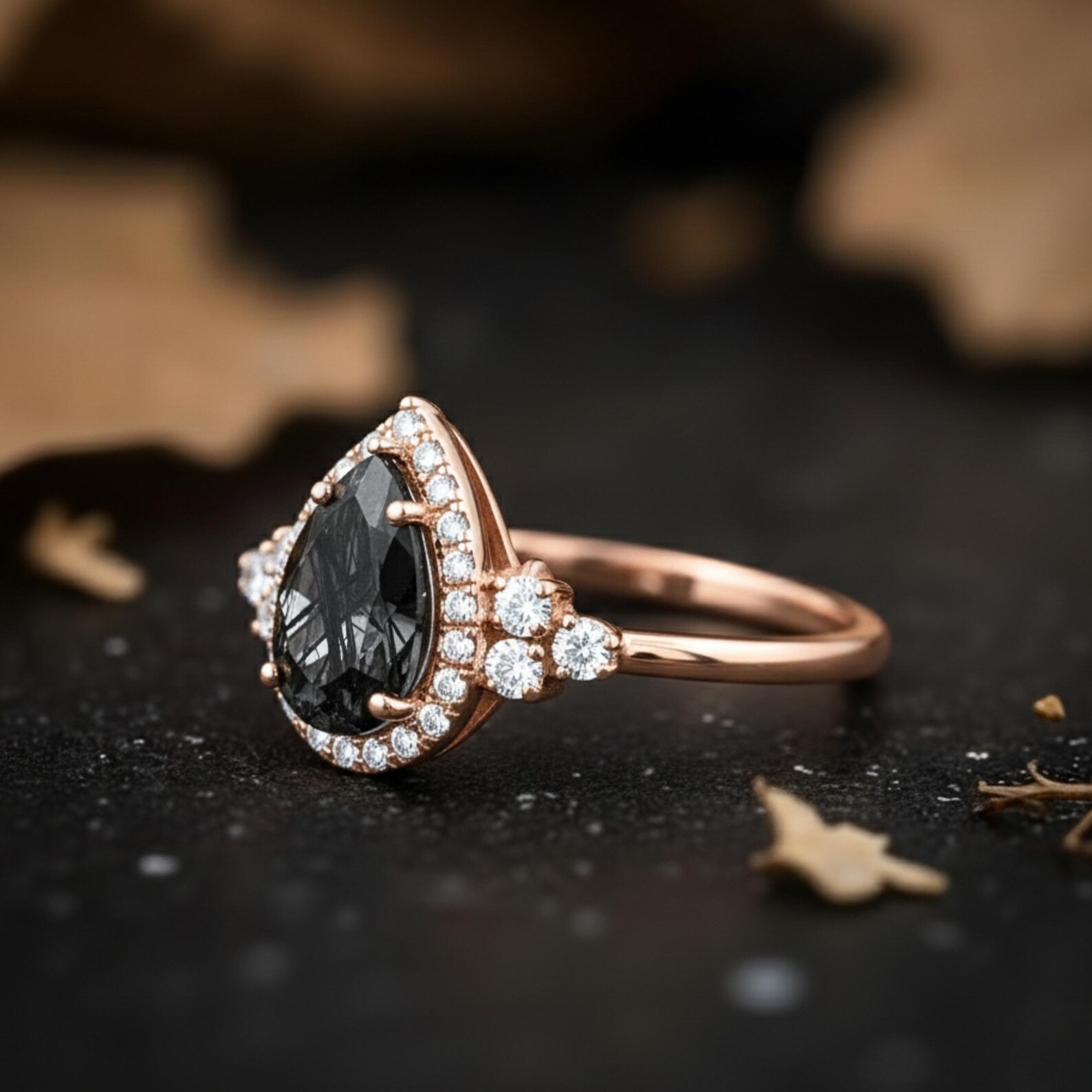 Vintage Art Deco Pear Cut Black Rutile Engagement Ring, Unique Promise Statement Jewelry 14K Rose Gold Rutile Moissanite Ring Bridal Jewelry