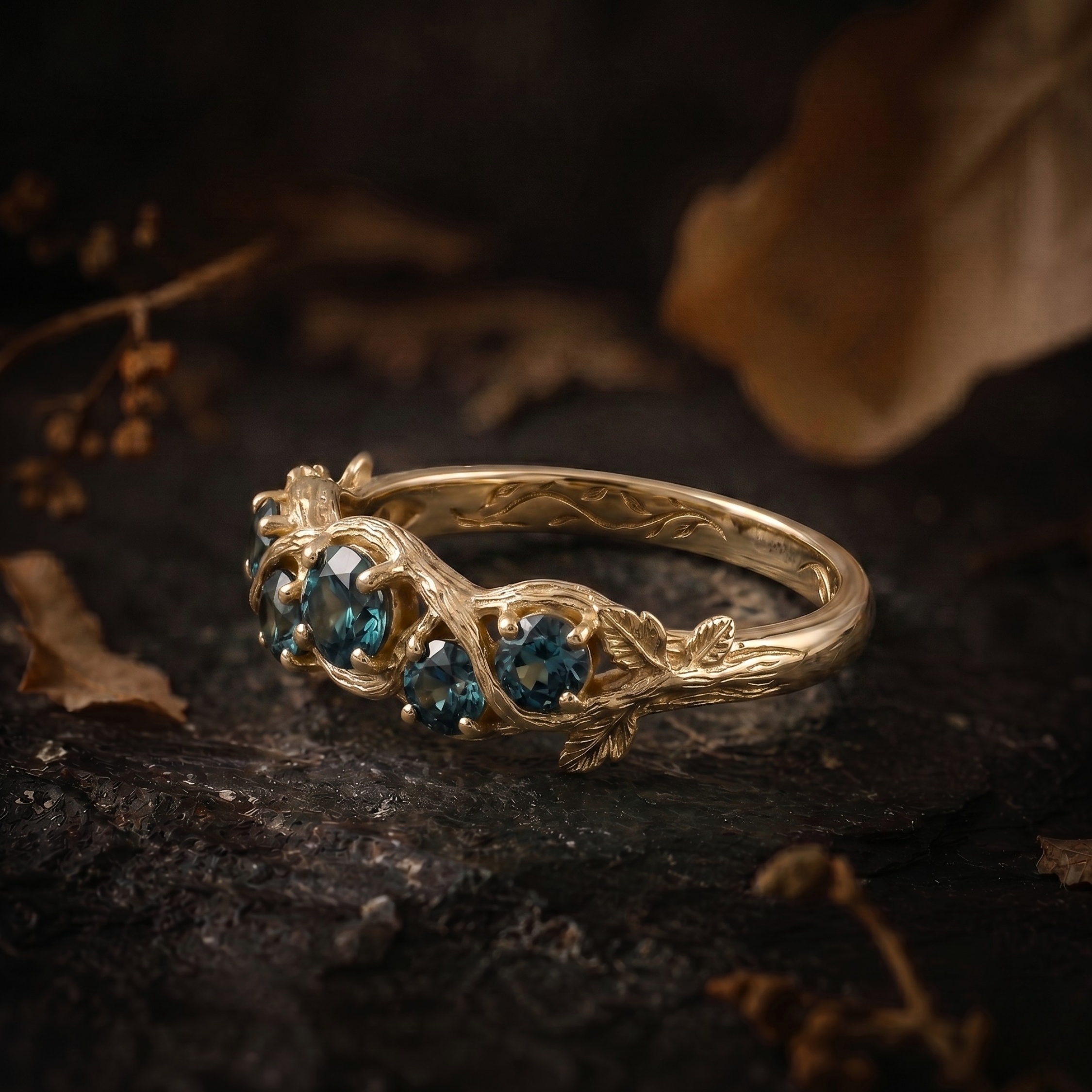 Unique Round Cut Teal Montana Sapphire Engagement Ring, September Birthstone Nature Inspired Leaf Ring, Anniversary Birthday Gift For Women