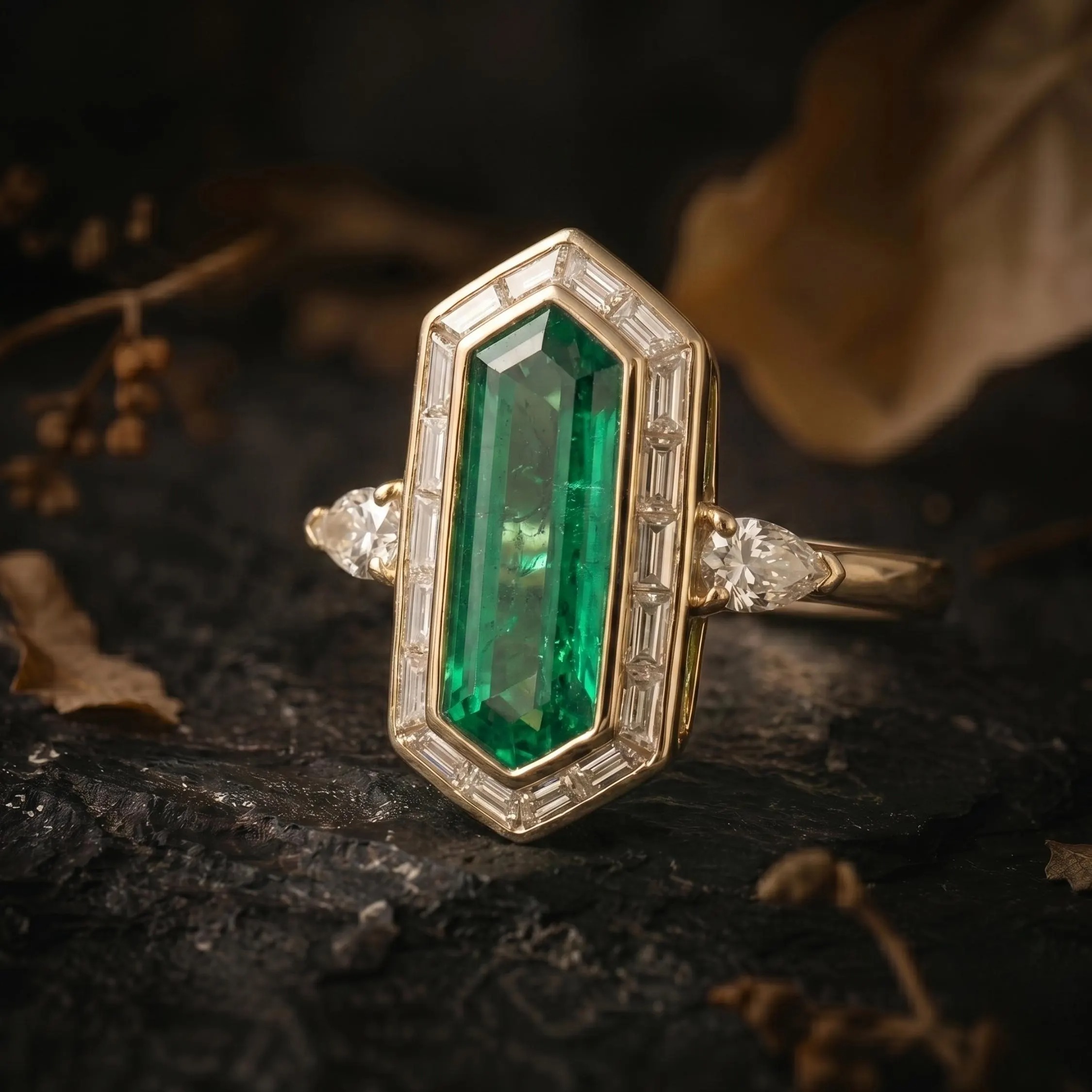 Vintage Art Deco Hexagon Cut Emerald Moissanite Cluster Ring, Unique Promise Statement Jewelry, Green Gemstone Anniversary Gifts For Women