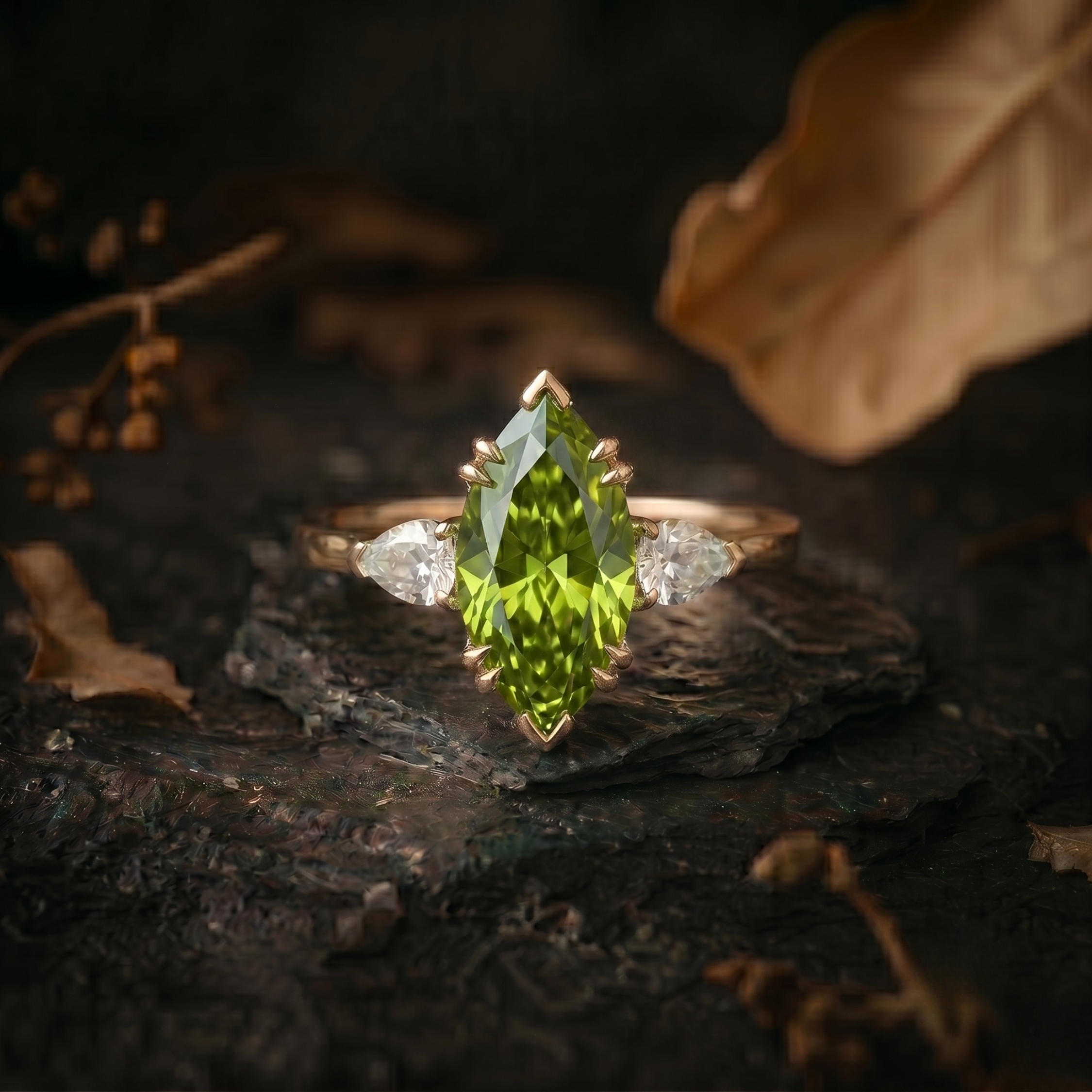 Marquise Cut Peridot Solitaire Engagement Ring, Moissanite Wedding Band, August Birthstone 14k Gold Art Deco Green Gemstone Gift For Mother