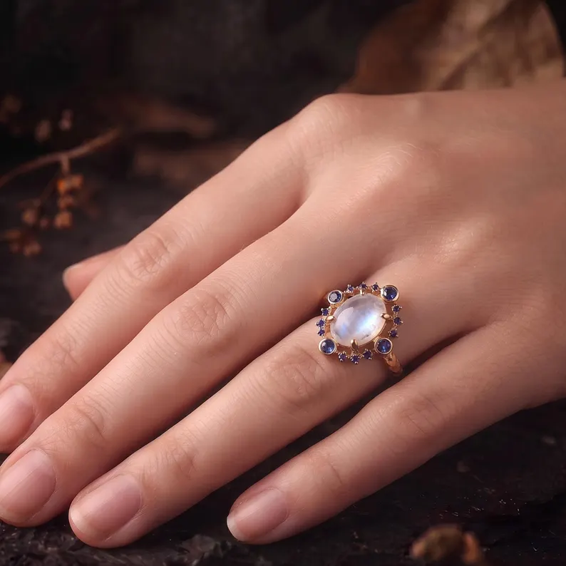 Vintage Oval Cut Moonstone Sapphire Engagement Ring, September Birthstone Jewelry, Promise Wedding Ring, Anniversary Birthday Gifts For Her