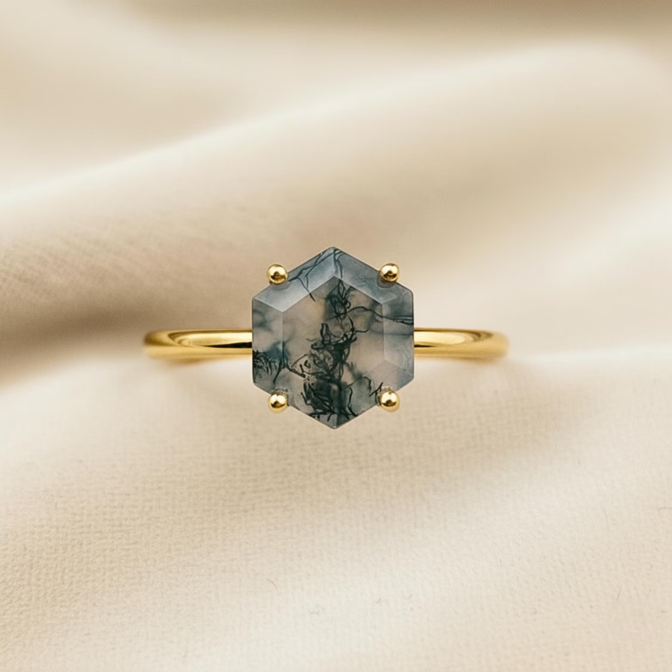 Hexagon Moss Agate Ring, 14k Gold Engagement Ring, Green Gemstone Ring Vintage Promise Ring, Art Deco Dainty Solitaire Ring Anniversary Gift