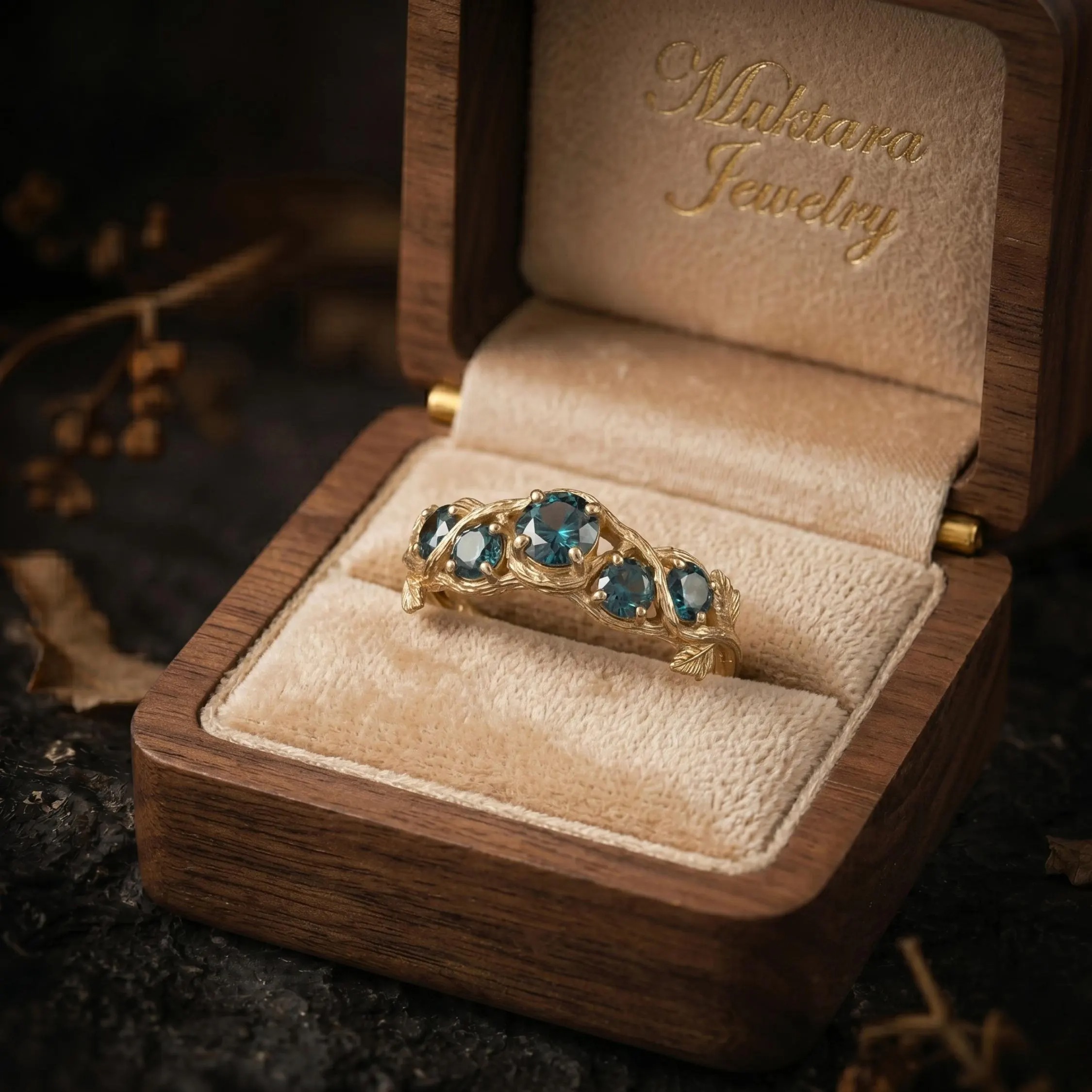 Unique Round Cut Teal Montana Sapphire Engagement Ring, September Birthstone Nature Inspired Leaf Ring, Anniversary Birthday Gift For Women