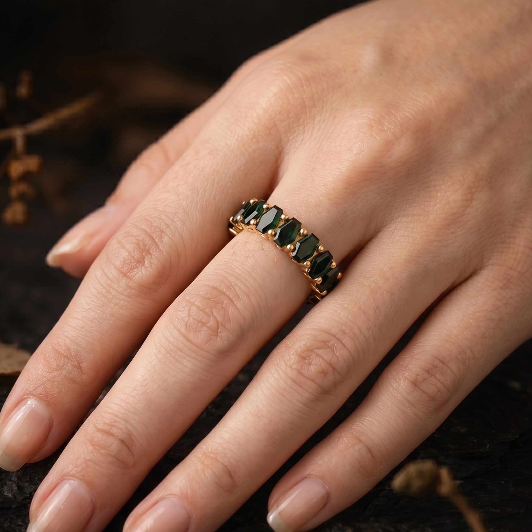 Black Onyx Eternity Wedding Band/14K Gold Coffin Cut Promise Ring/Matching Bridal Chevron Stacking Ring/Minimalist Anniversary Gift for Her