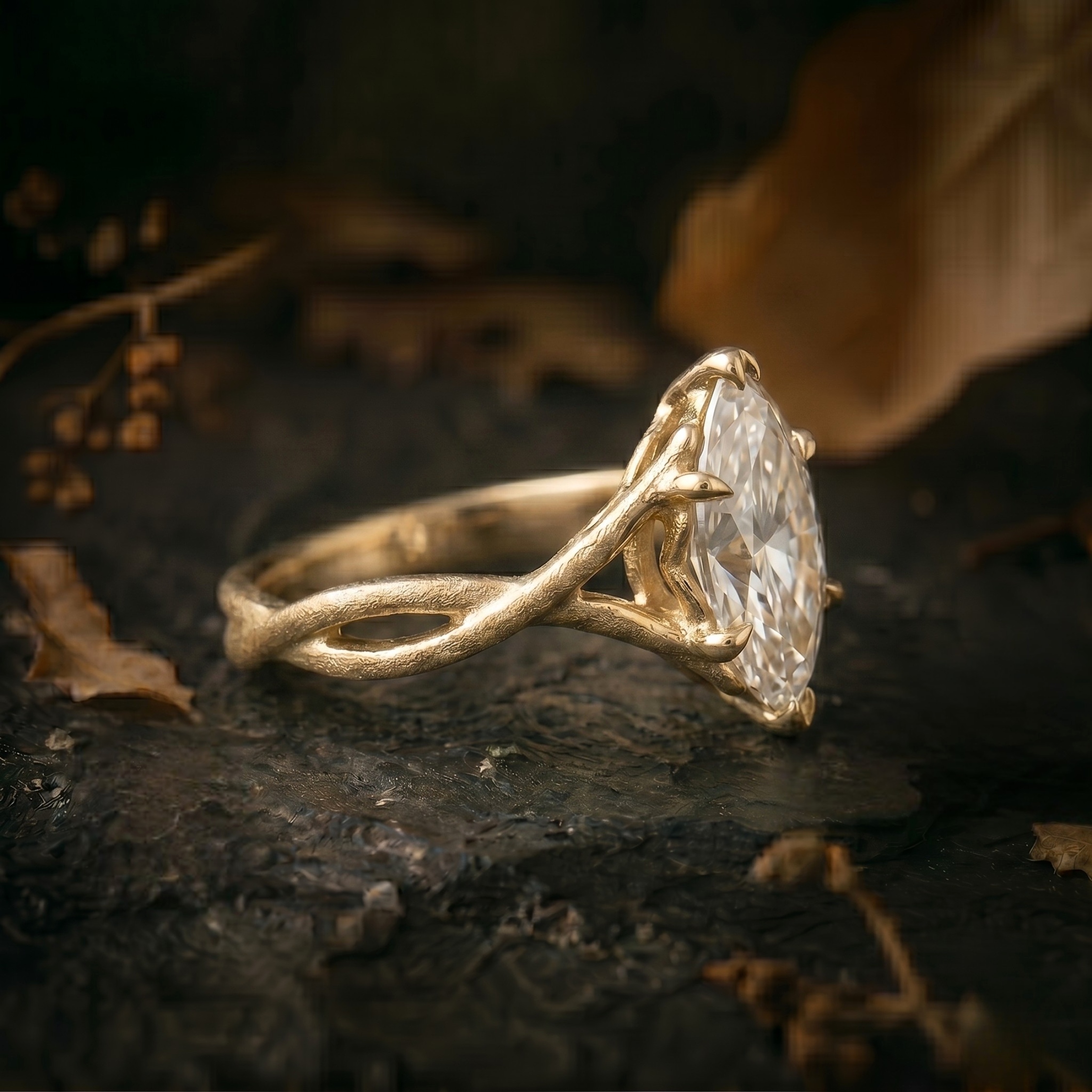 Vintage Marquise Cut Moissanite Engagement Ring, Delicate 14k Solid Gold Women's Twisted Band Diamond Wedding Ring, Anniversary Gift For Her