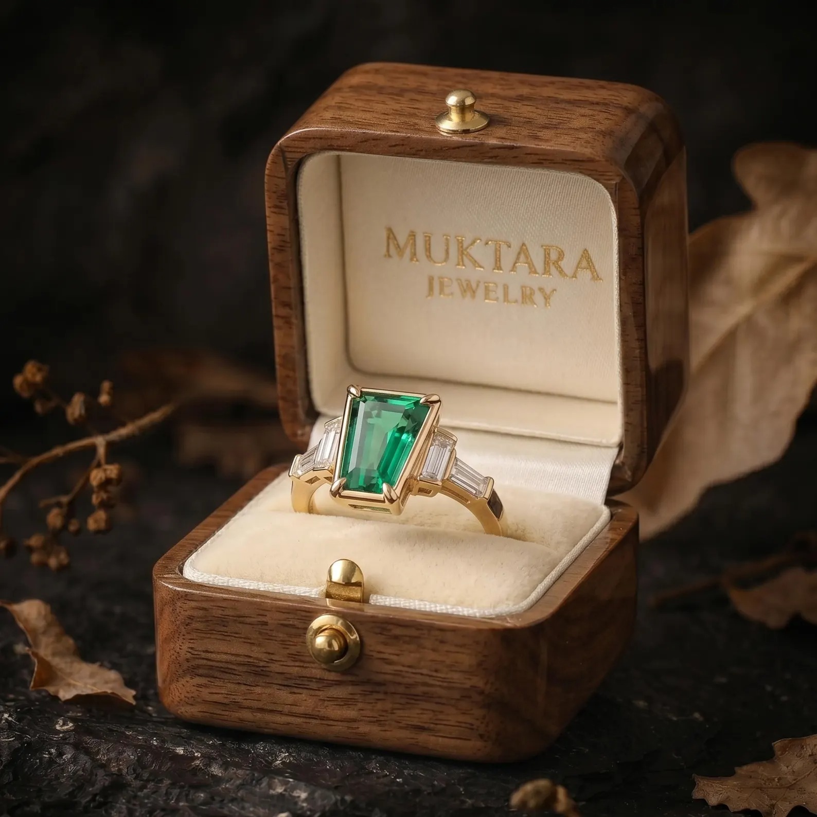 Genuine 14k Yellow Gold Emerald Engagement Ring, Vintage May Birthstone Jewelry, Baguette Cut Moissanite Promise Cluster Ring, Gifts for her
