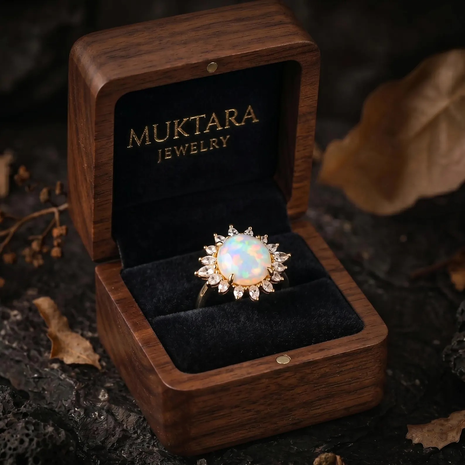 Vintage Round Opal Moissanite Wedding Ring, 14k Gold Two Stone Flower Ring Vintage Fire Opal Promise Hidden Halo Statement Ring Gift for Her