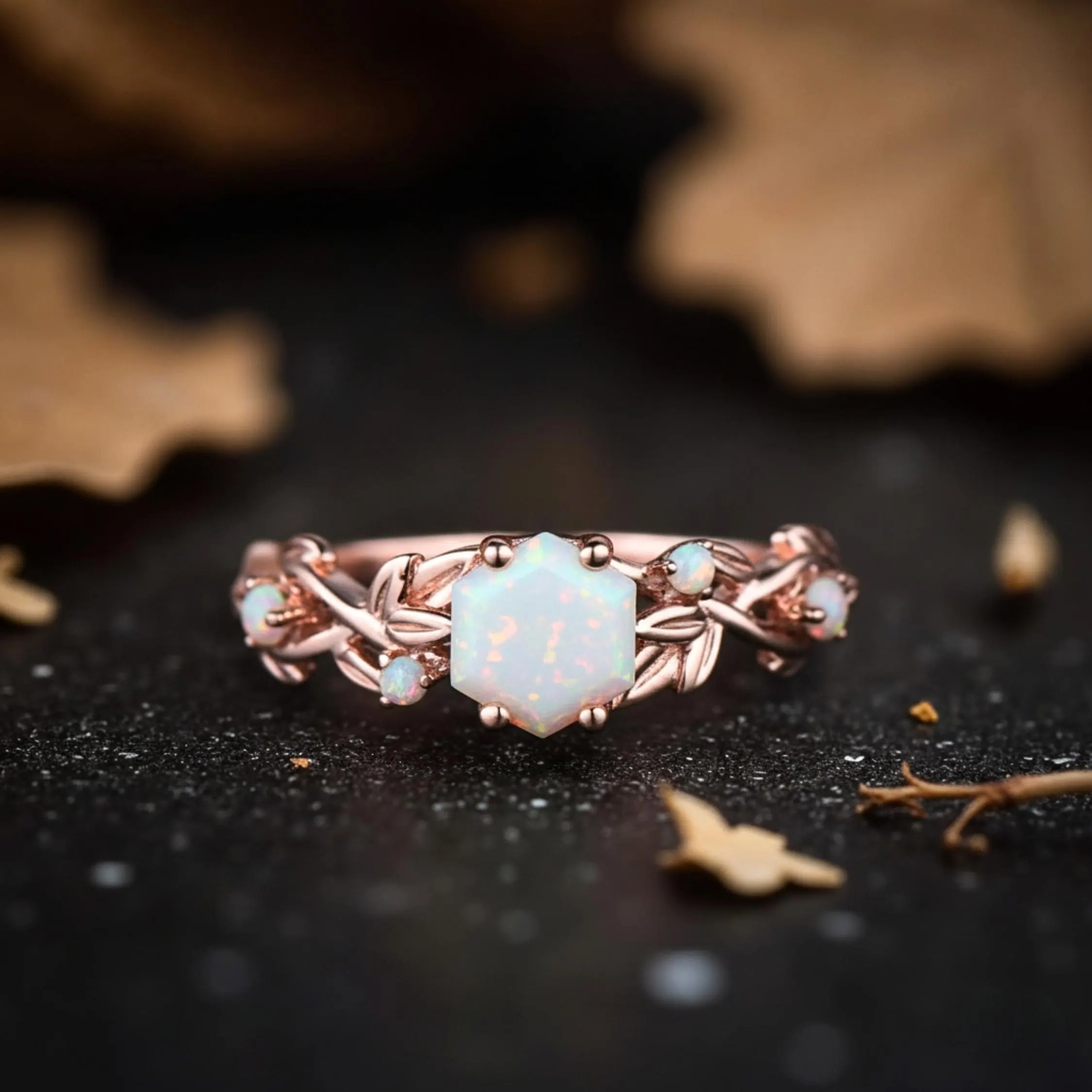Vintage Hexagon White Opal Engagement Ring 14k Rose Gold Leaf Nature Inspired Five Stone Opal Art Deco Twisted Branch Women Wedding Ring