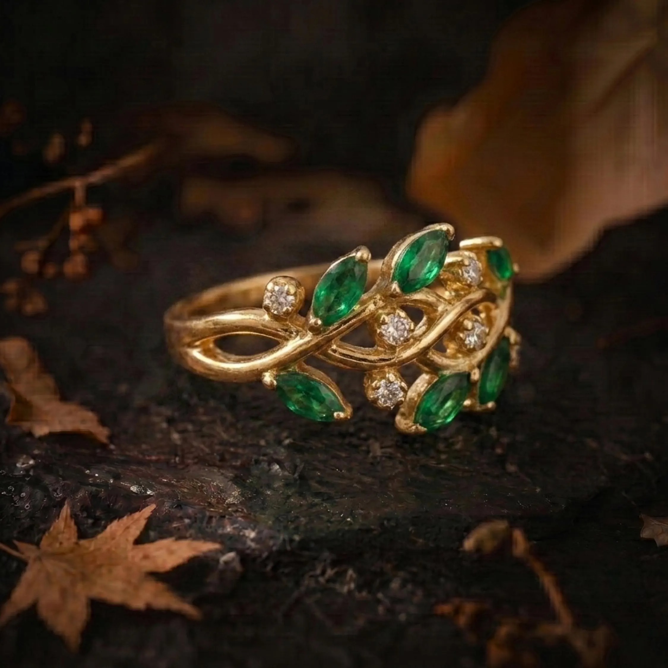 Unique Marquise Cut Emerald Engagement Ring/May Birthstone Nature Inspired Leaf Ring/Moissanite Promise Anniversary Birthday Gift For Women