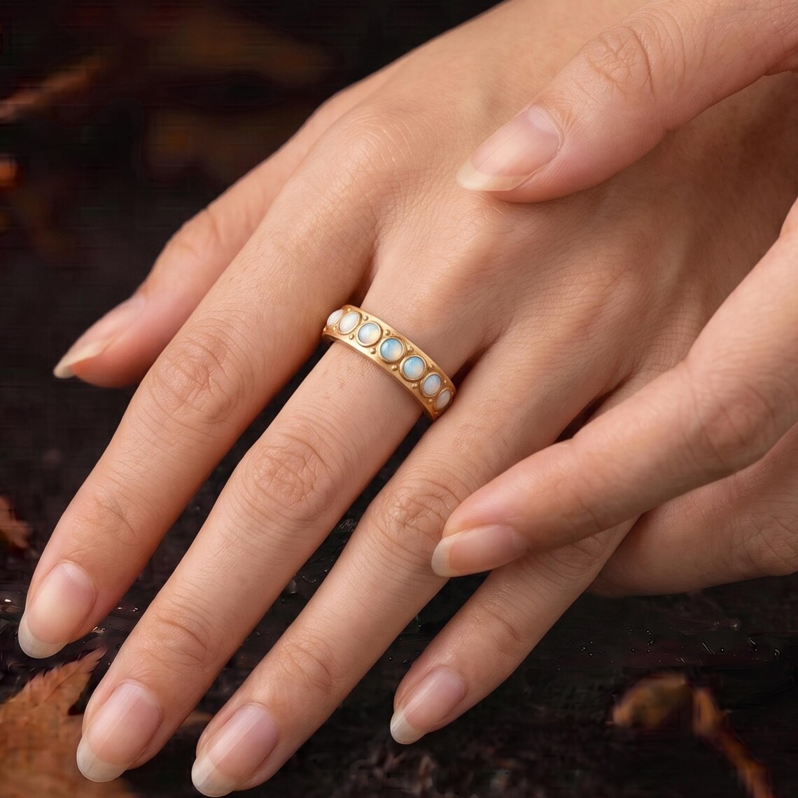 Vintage White Opal Band, Round Opal Wedding Band, 14k Gold Eternity Round Opal Ring, Dainty October Birthstone Ring, Matching Band Ring Gift