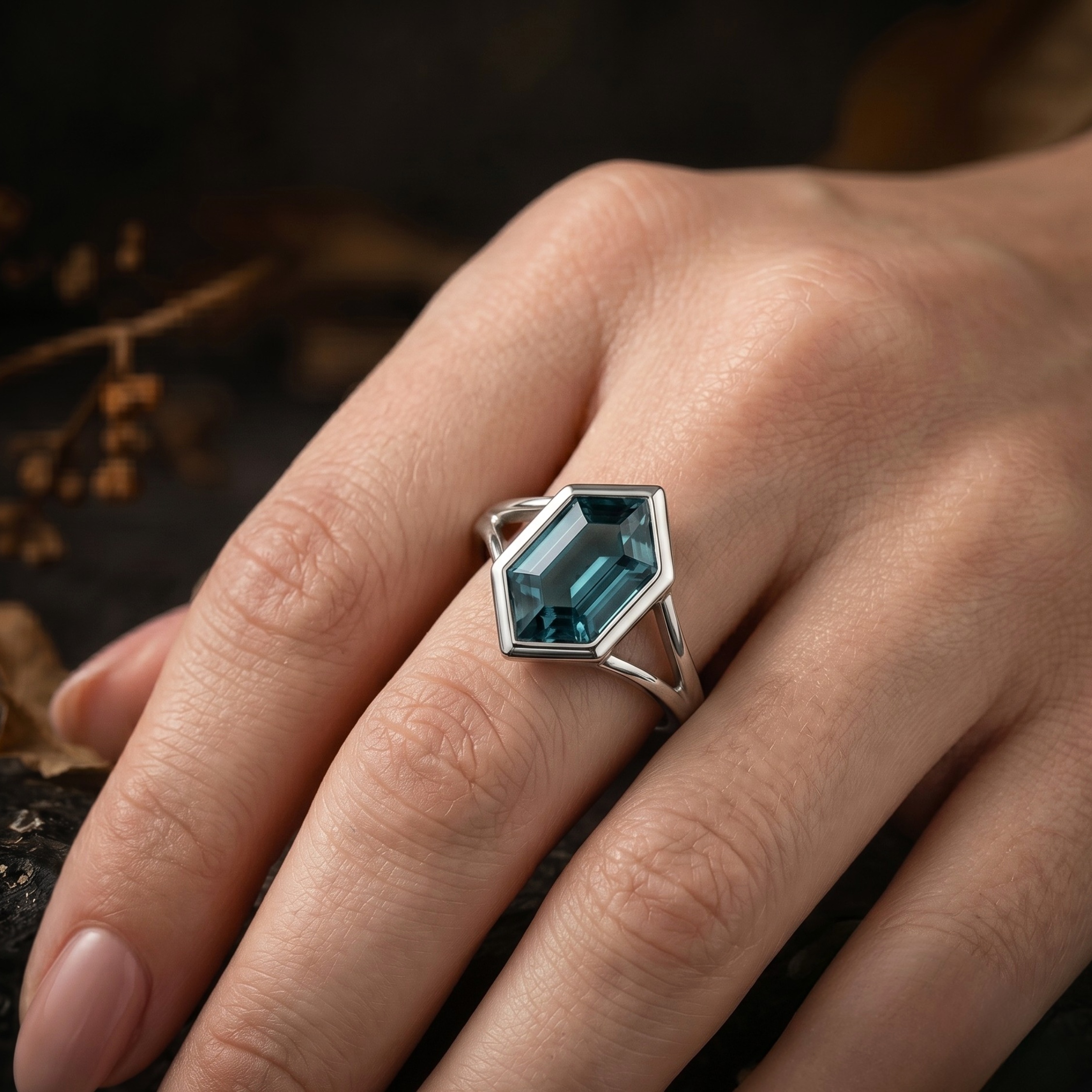 Unique Vintage Bezel Setting Teal Sapphire Ring, Sterling Silver Hexagon Cut Double Band Engagement Promise Ring, Anniversary Gifts For Her