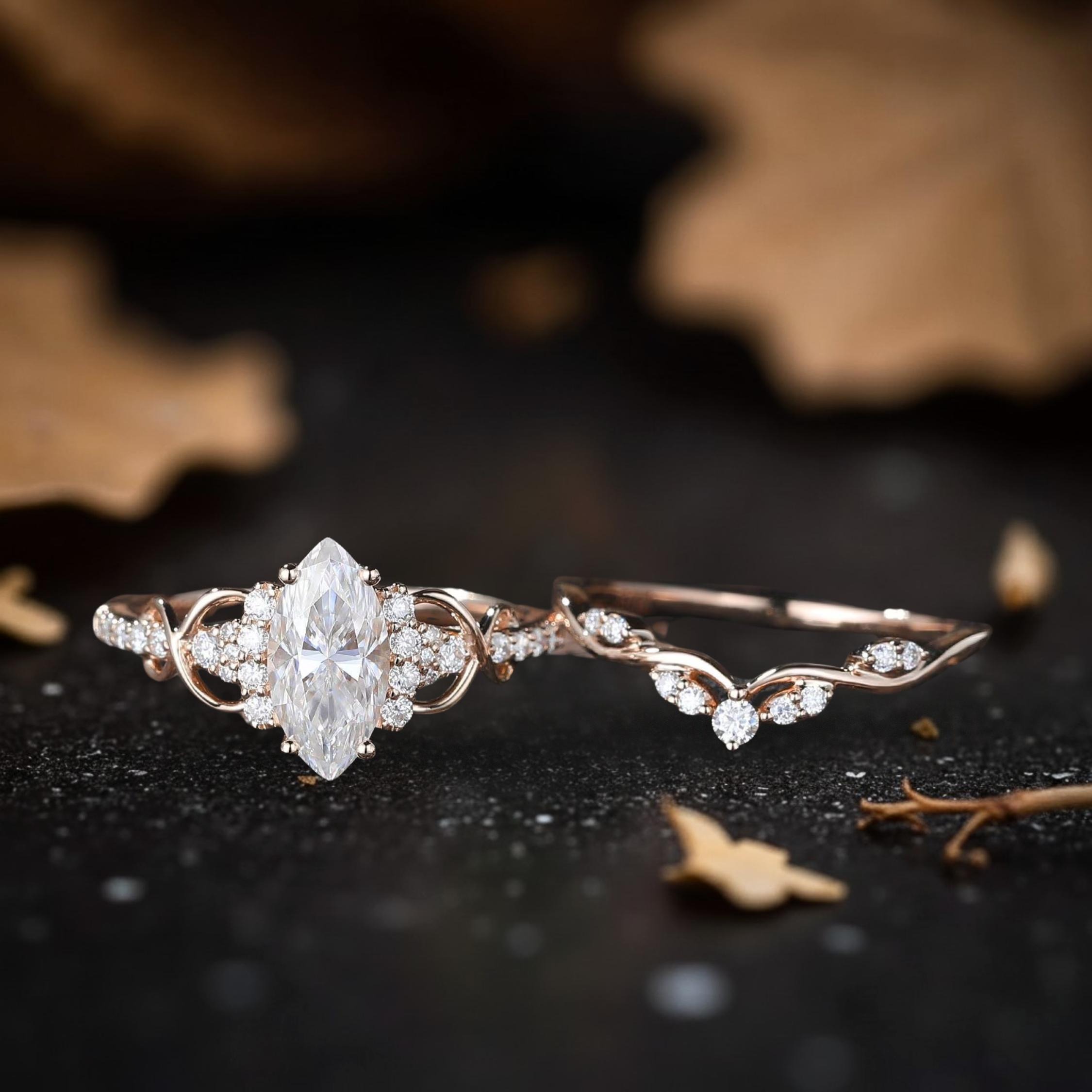 Marquise Cut Moissanite Engagement Ring Set, 14k Rose Gold Bridal Ring Set, Unique Diamond Cluster Wedding Stacking Band, Anniversary Gift