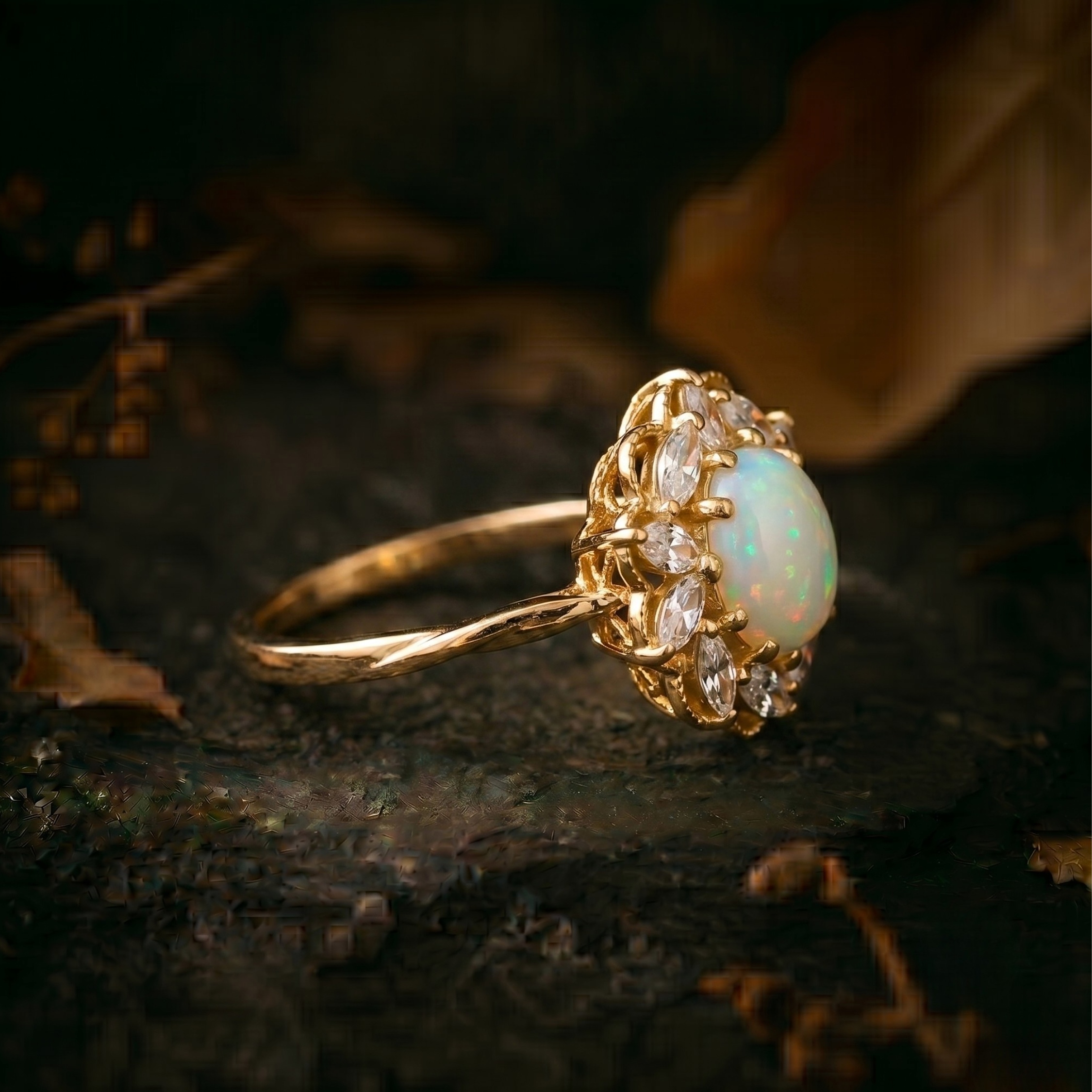 Unique Marquise Cut Flower Moissanite Engagement Ring, 14k White Opal Floral Promising Jewelry for Women, Oval Opal Anniversary Gift For Her