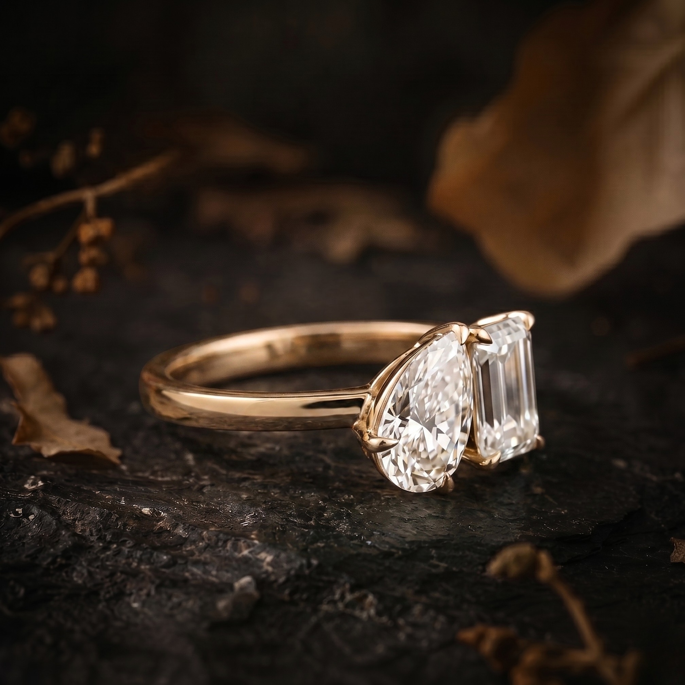 Moissanite Toi Et Moi Engagement Ring, Pear And Emerald Cut Promise Jewelry, Two-Stone Birthstone Statement Ring, Anniversary Birthday Gifts