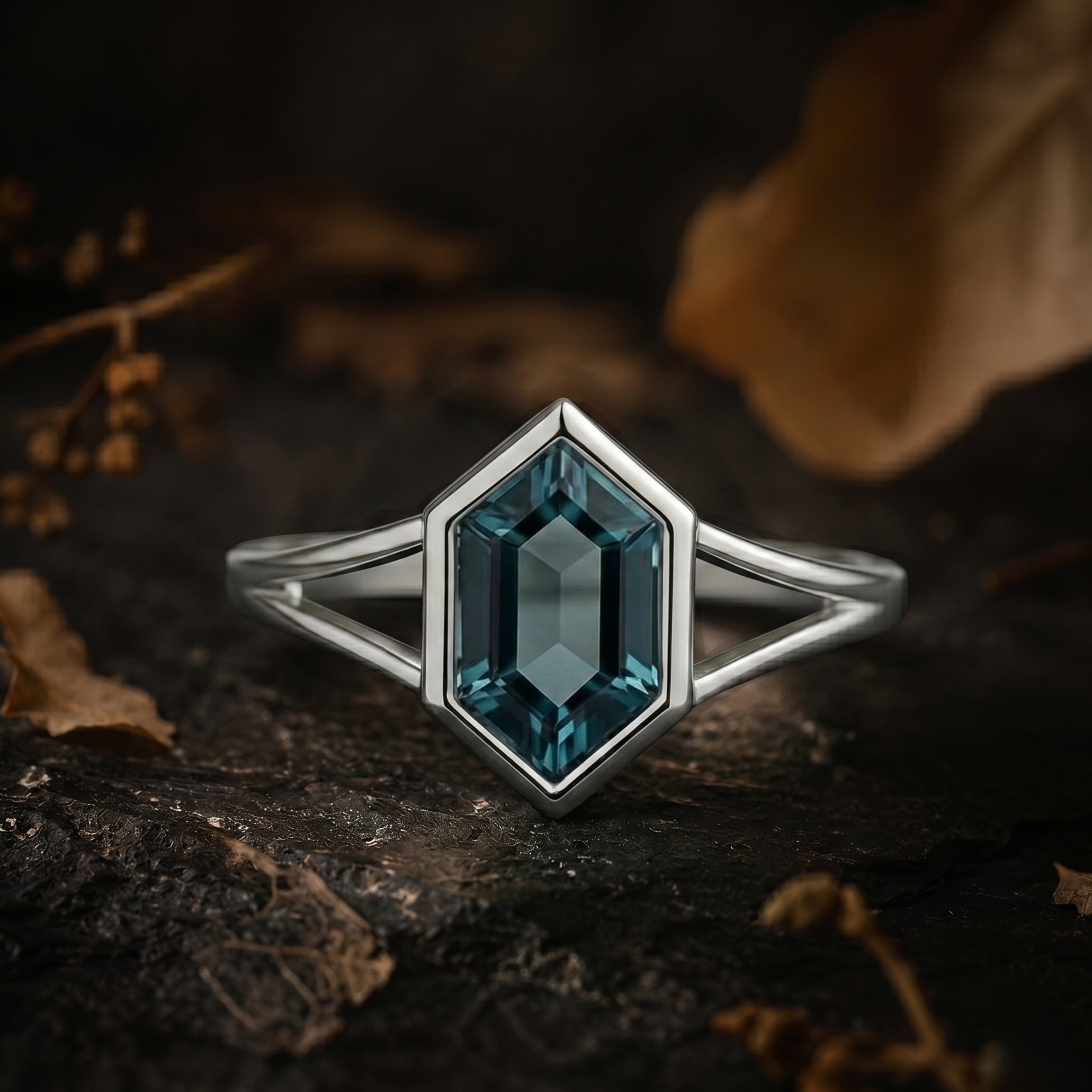 Unique Vintage Bezel Setting Teal Sapphire Ring, Sterling Silver Hexagon Cut Double Band Engagement Promise Ring, Anniversary Gifts For Her
