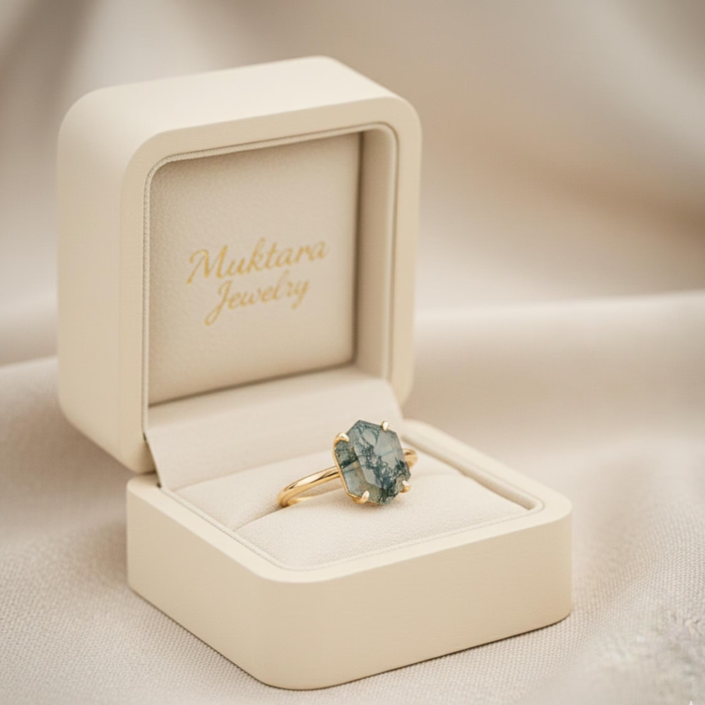 Hexagon Moss Agate Ring, 14k Gold Engagement Ring, Green Gemstone Ring Vintage Promise Ring, Art Deco Dainty Solitaire Ring Anniversary Gift