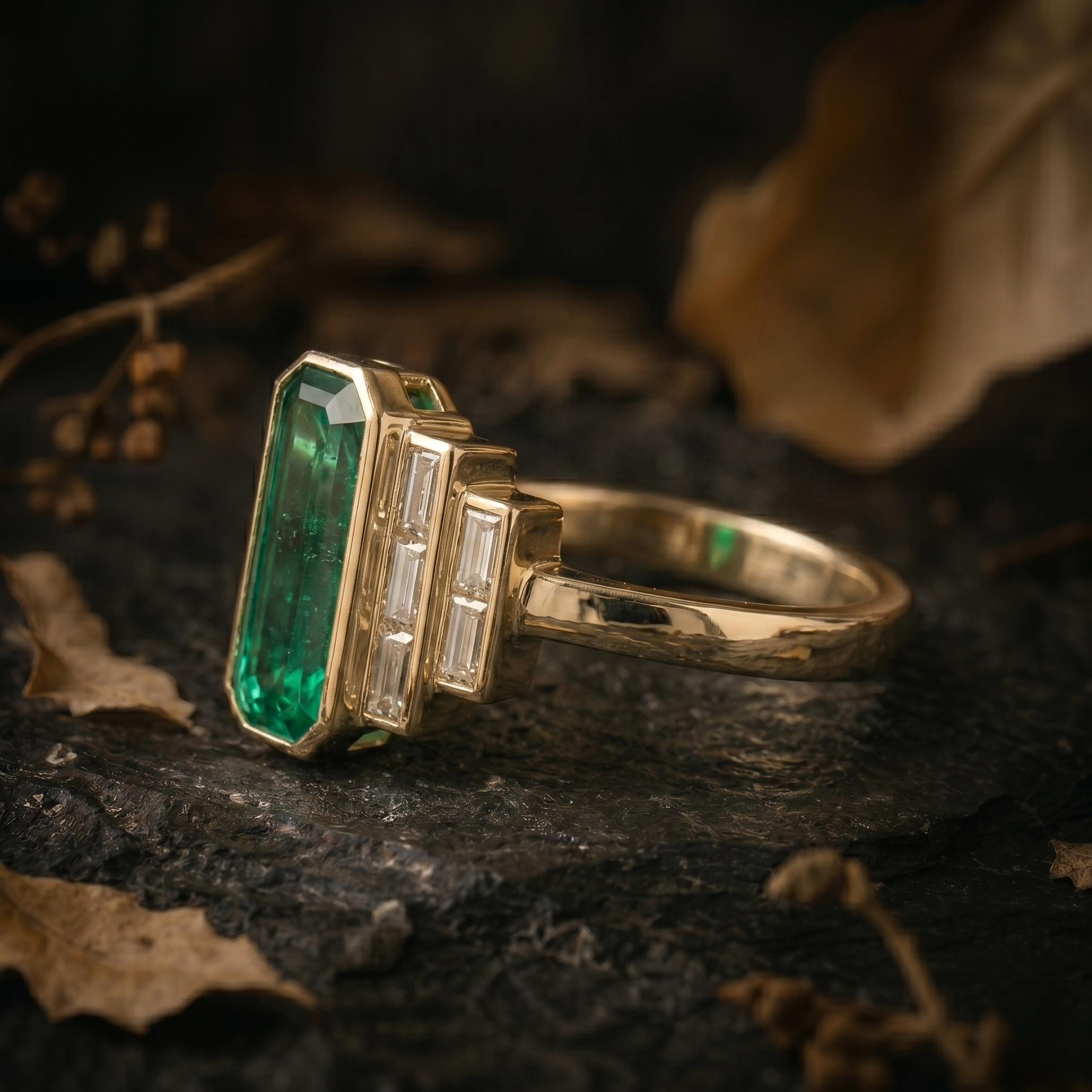 Elongated Emerald Cut Emerald Engagement Ring, May Birthstone Jewelry, Baguette Cut Moissanite Bridal Promise Ring, Anniversary Gift For Her