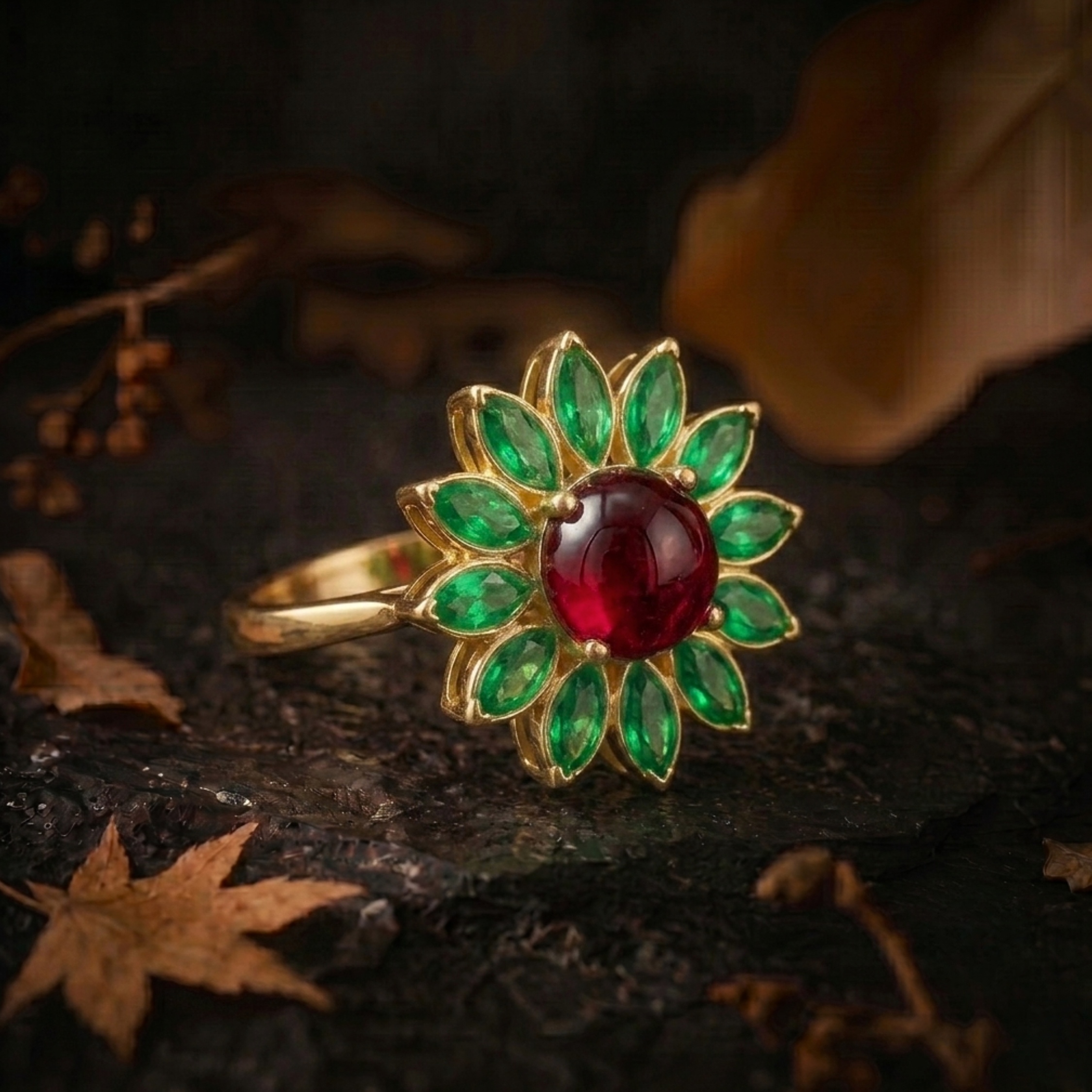 Unique Red Garnet Emerald Flower Halo Wedding Ring/Pear Emerald Engagement Ring/Vintage Art Deco Nature Inspired Bridal Jewelry Gift For Her