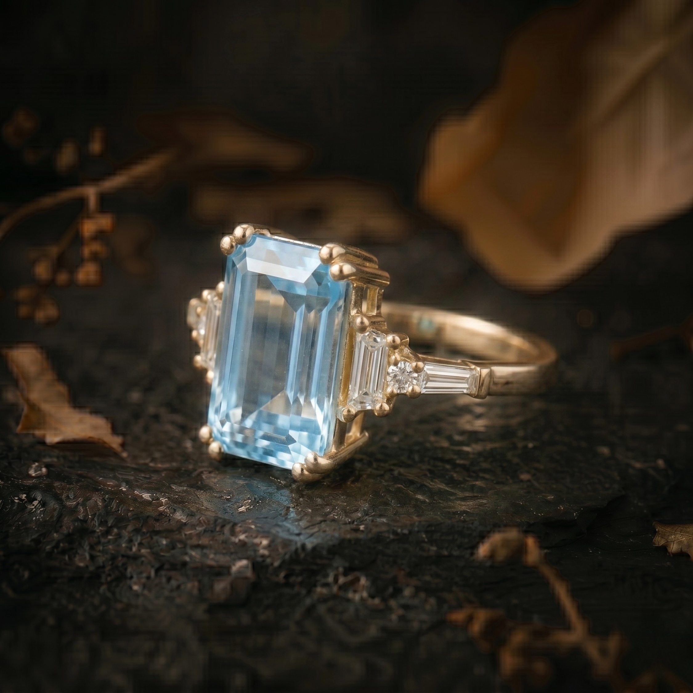 Vintage Emerald Cut Aquamarine Engagement Ring, 14k Gold Moissanite Ring, Unique March Birthstone Jewelry, Anniversary Birthday gift for her