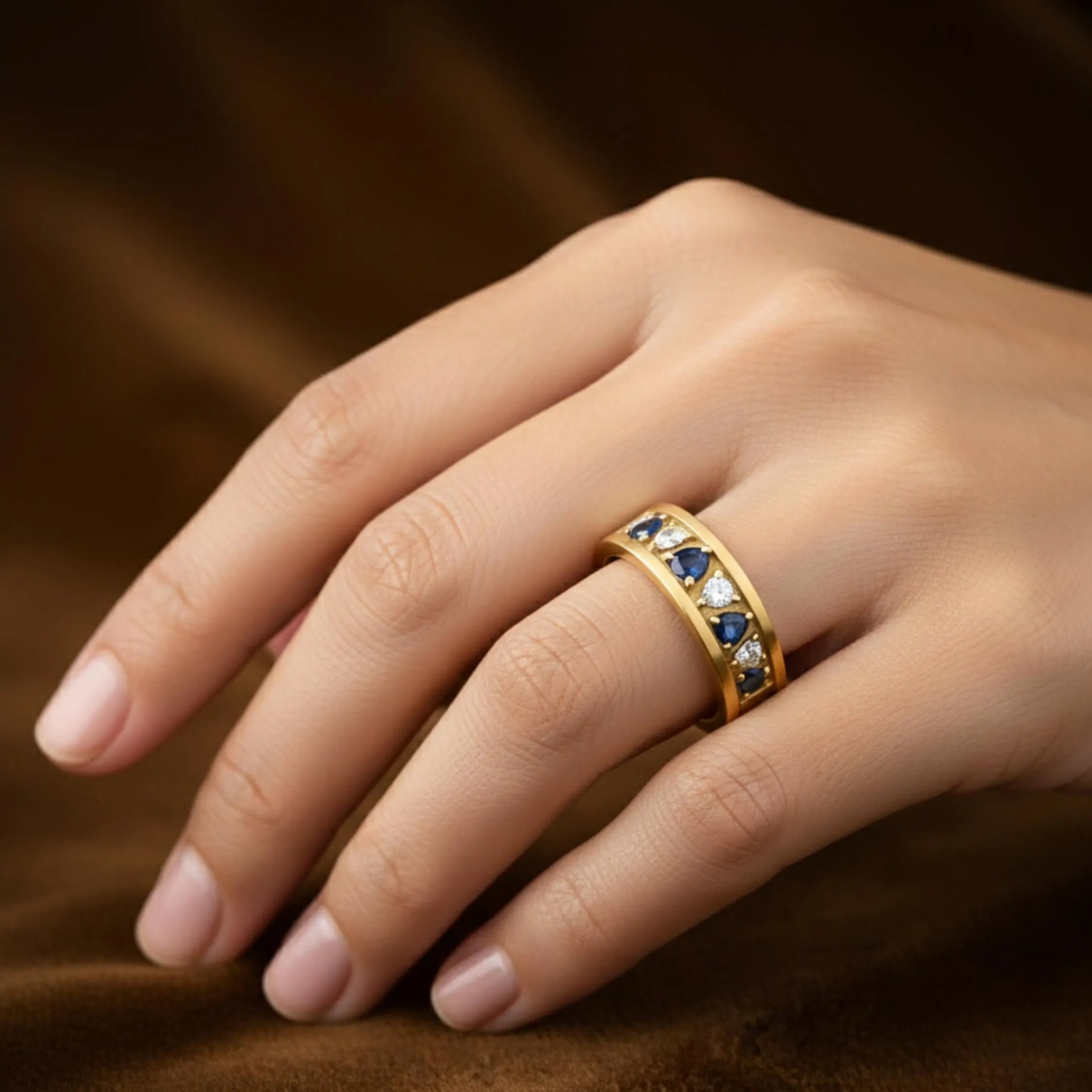 Blue Sapphire Diamond Pear Cut Wedding Band, 14k Gold Half Eternity Unisex Heirloom Ring, Dainty Bridal Moissanite Band, Anniversary Present
