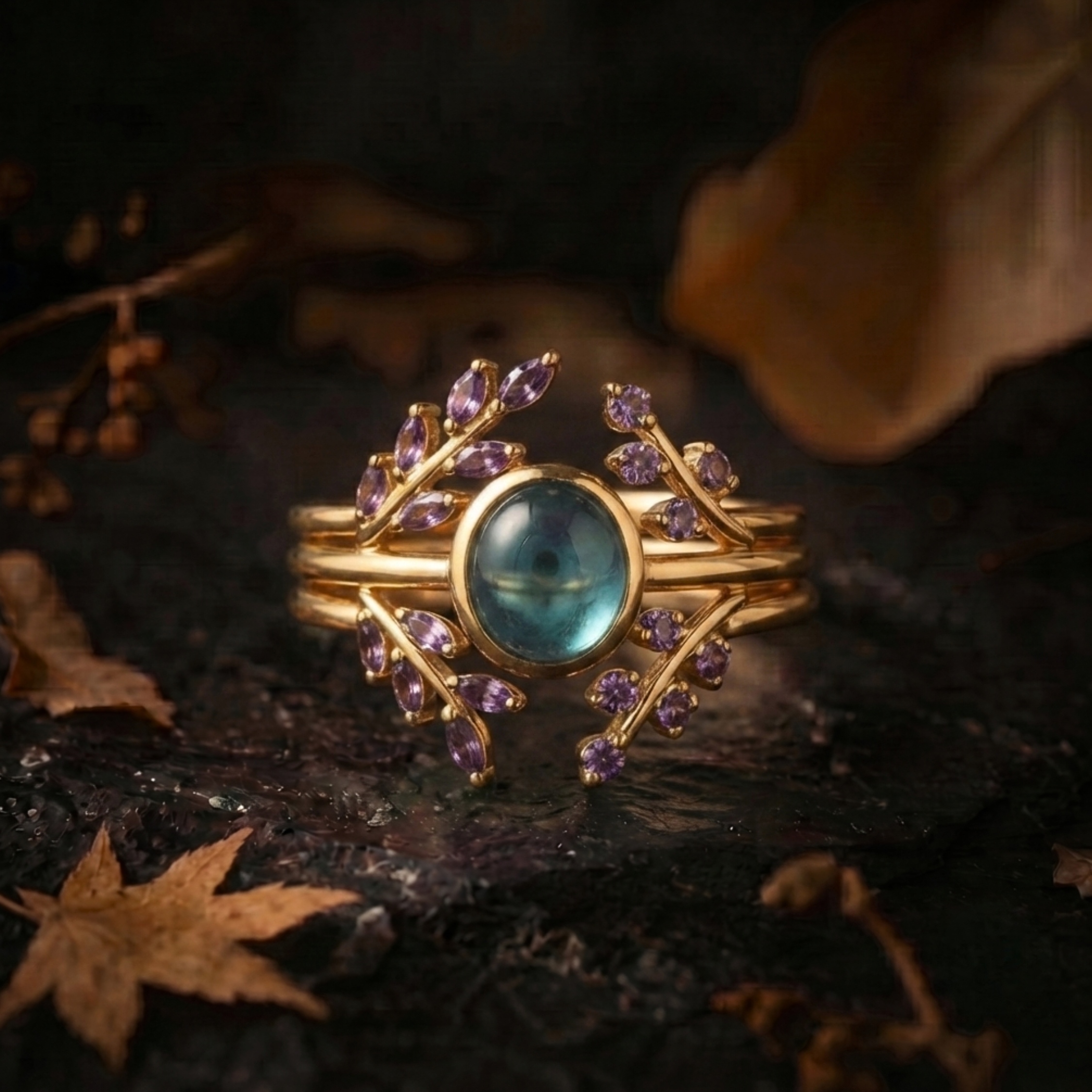 Unique Alexandrite Amethyst Engagement Ring, Vintage Style Triple Band Wedding Ring, Two Stone Bridal Jewelry, June February Birthstone Gift