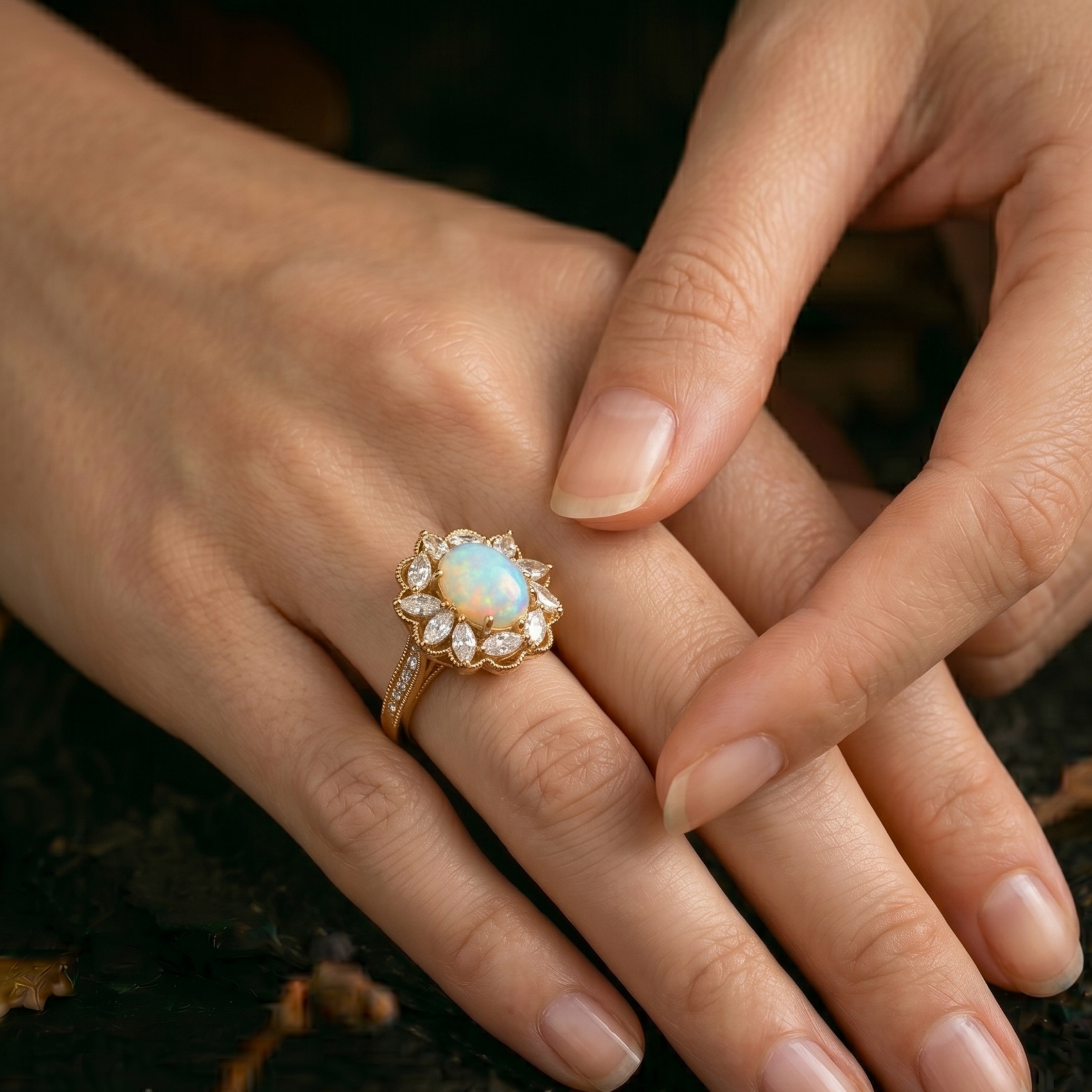Unique Marquise Cut Flower Moissanite Engagement Ring, 14k White Opal Floral Promising Jewelry for Women, Oval Opal Anniversary Gift For Her