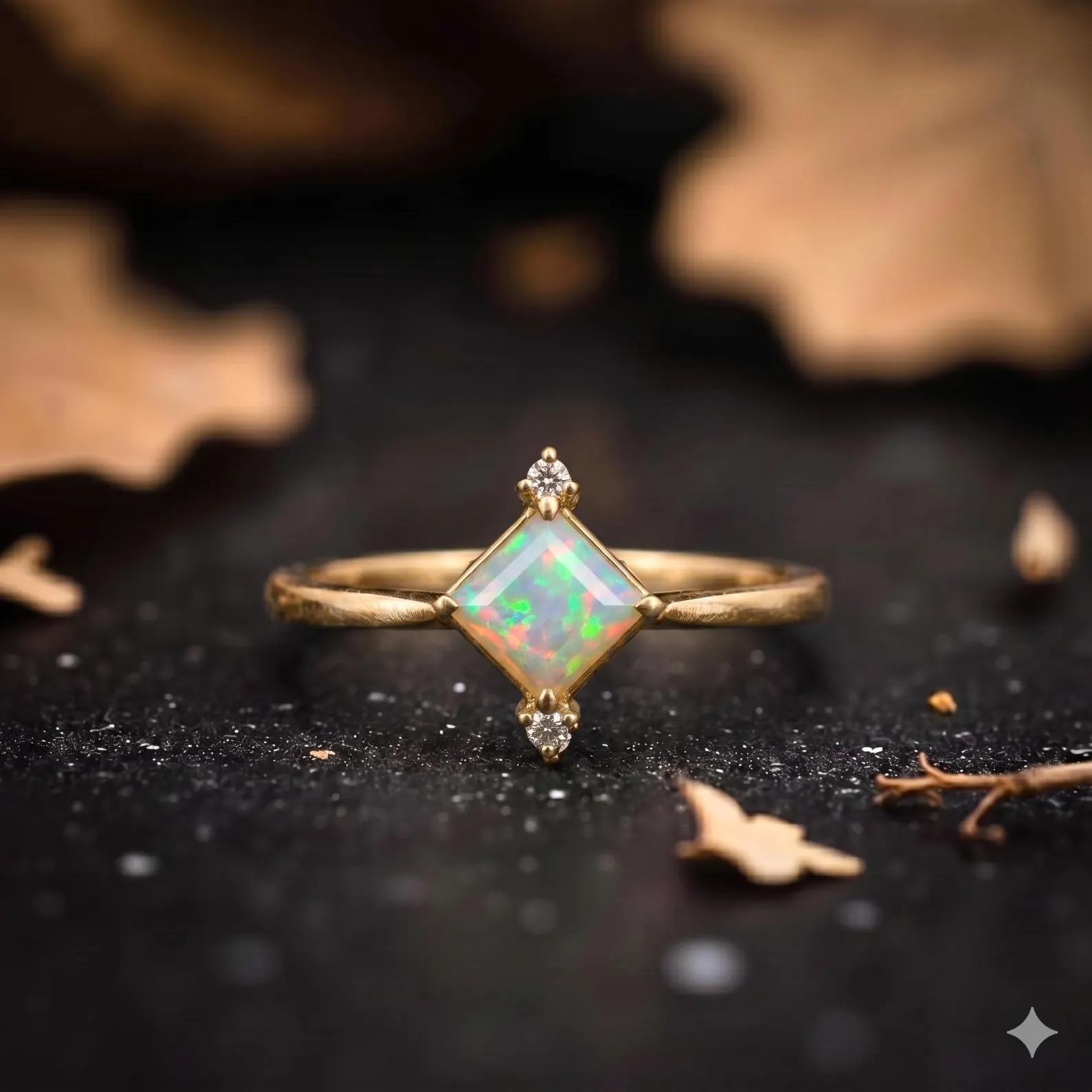 Art Deco Opal Square Cut Ring, Dainty Moissanite Minimalist Ring, Stacking October Birthstone Ring, Gifts for her, Vintage Natural Opal Ring