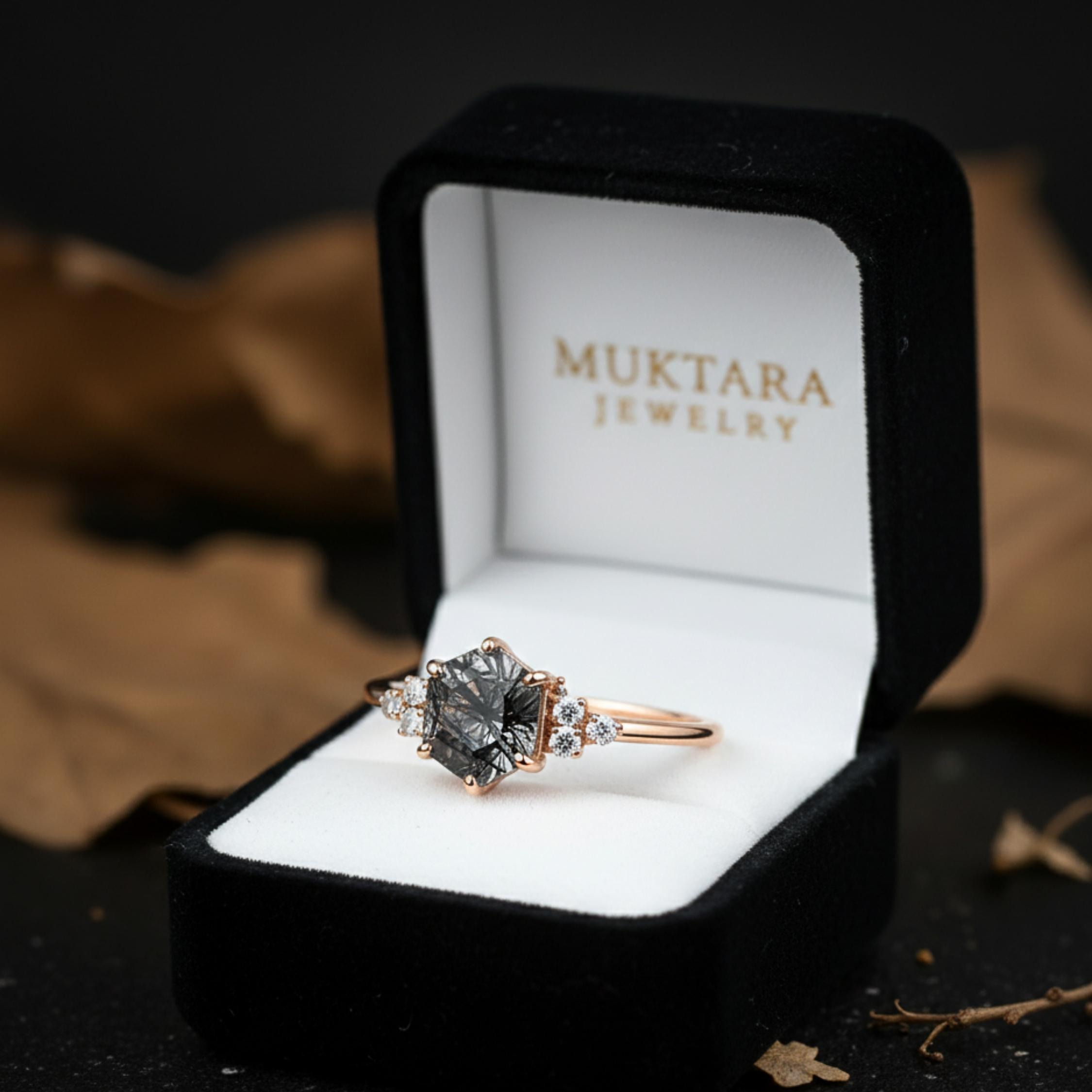 Hexagon Natural Black Rutile Quartz Gemstone Engagement Ring, Beautiful Rose Gold Anniversary Bridal Ring, Solitaire Women Promise Ring Gift